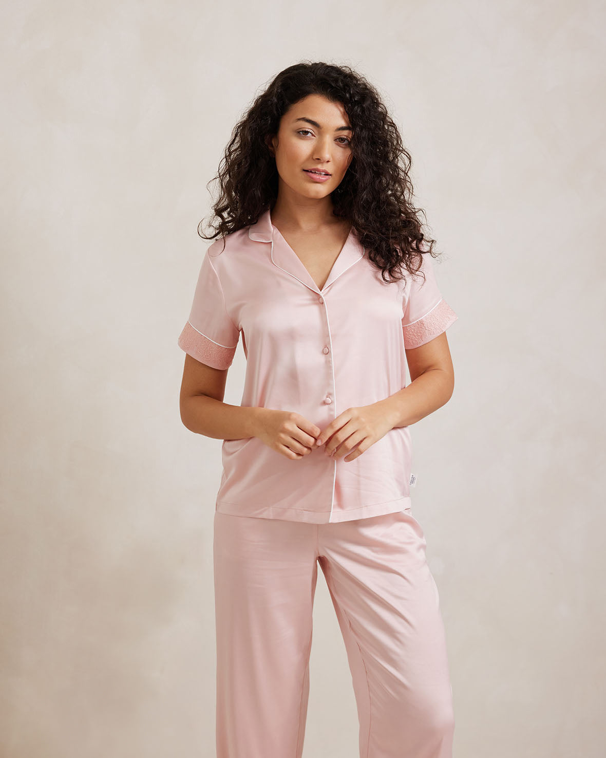 Satin Lace Trim Short Sleeve Long Pajama Set for Women - Soft Comfortable Sleepwear Nightwear (Pink) - Perfect for Relaxing at Home, Sleepovers & Cozy Nights