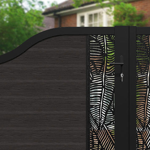 Classic Feather Curved Top Driveway Gate - Dark Oak Finish with Middle Screen | Elegant Driveway Entrance for Homes & Estates | Perfect for Privacy & Security Enhancement