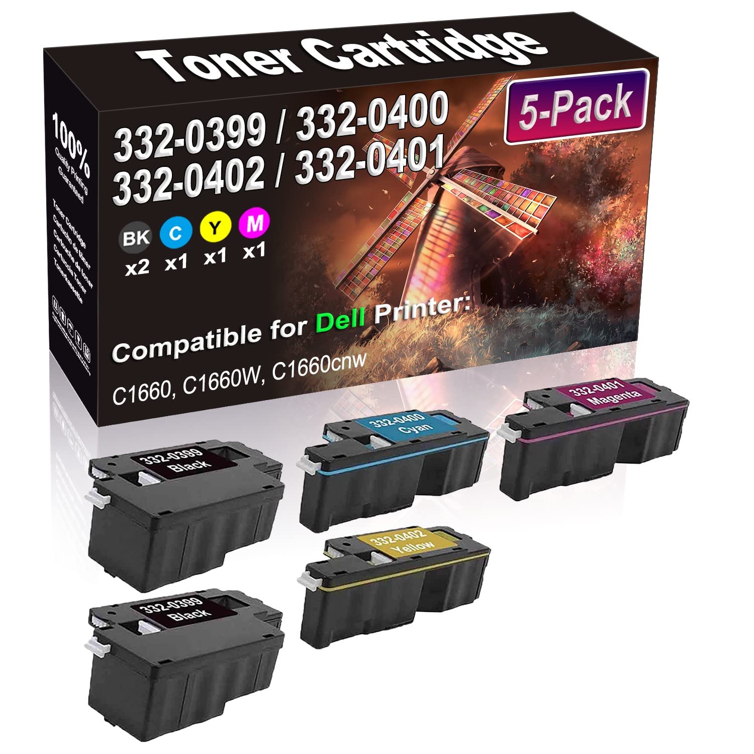 5-Pack High Yield Compatible C1660 C1660W C1660cnw Toner Cartridge Replacement for Dell 332-0399 332-0400 332-0402 332-0401 - Perfect for Office & Home Printing, Laser Printer Supplies