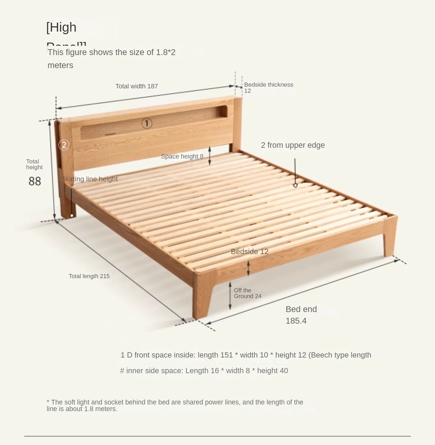 Solid Oak and Beech Wood Bed with Built-in LED Lights and Bookshelf - Modern Bedroom Furniture for Small Spaces, Lofts, and Studio Apartments