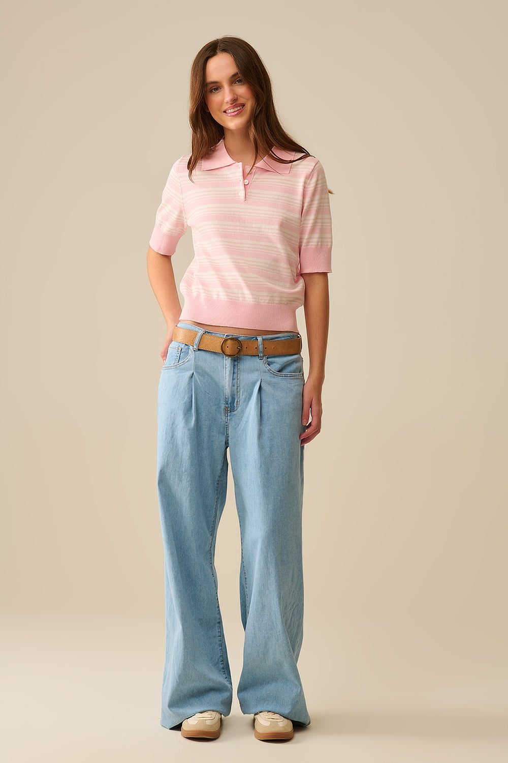 Rose and White Striped Polo Collar Pullover - Stylish and Comfortable for Casual Outings, Work, and Everyday Wear