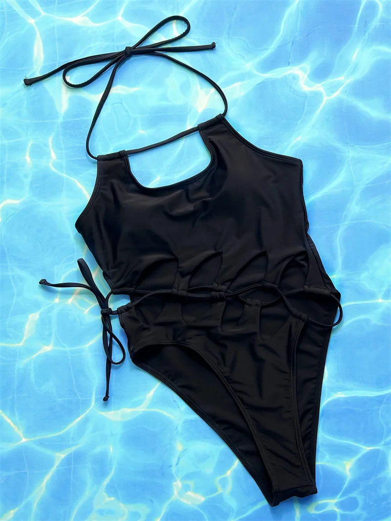 Sexy Black Halter One Piece Swimsuit for Women - 2024 High Waist Monokini with Drawstring & Hollow Out Design | Perfect for Beach Vacation, Pool Party and Summer Getaways