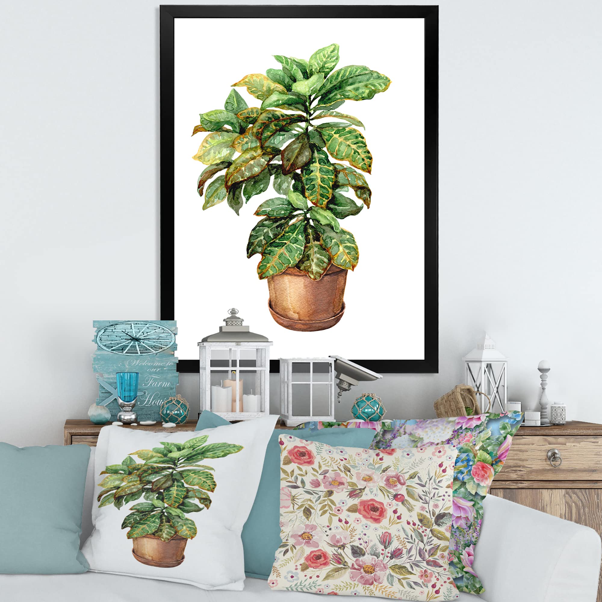 DesignQ Croton in Clay Flowerpot - Traditional Framed Wall Art Decor for Living Room, Bedroom & Office