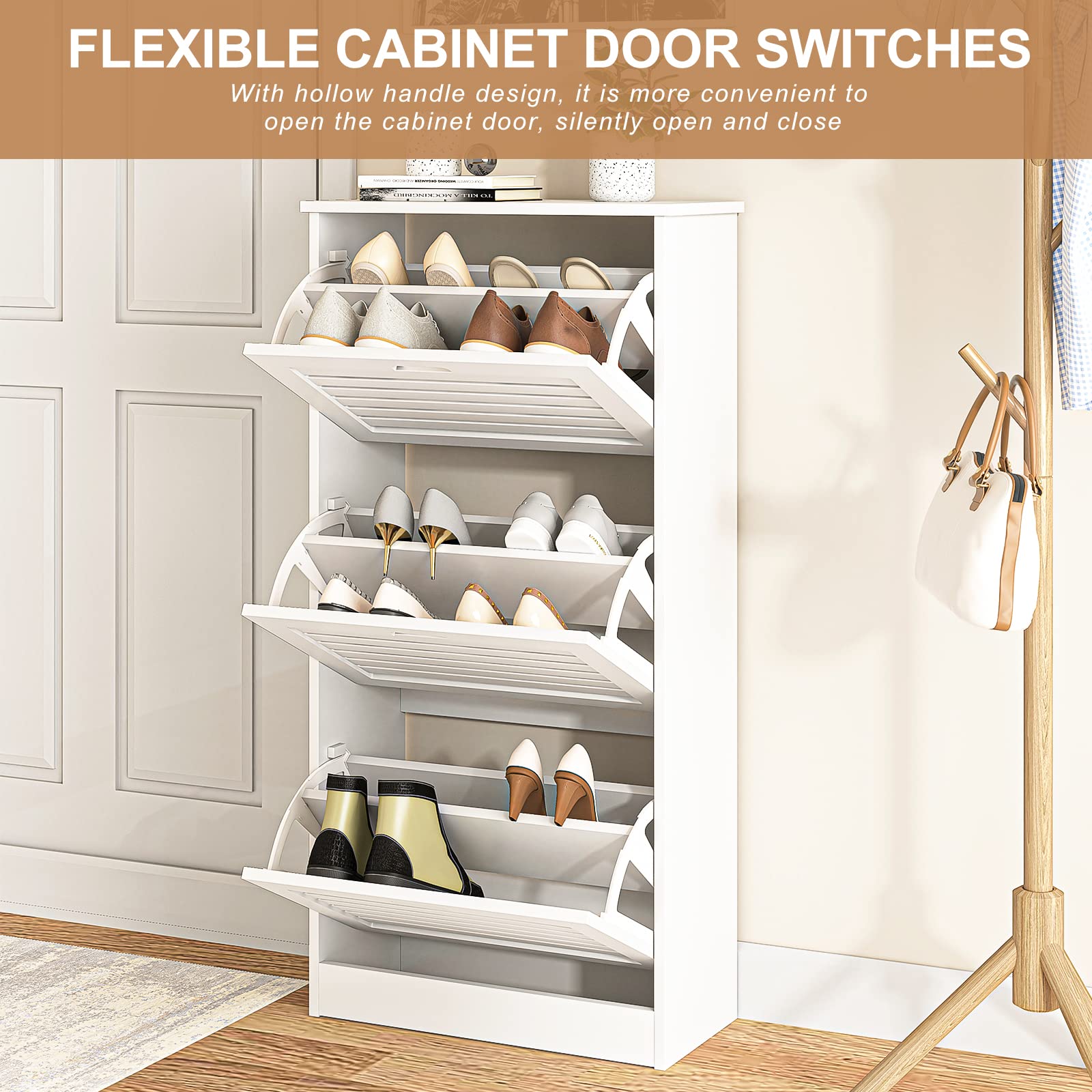 VERYKE 3-Drawer Wooden Shoe Storage Cabinet - White Modern Shoe Organizer with Flip Doors & Anti-Tip Device - Freestanding Entryway Shoe Rack for Hallway, Living Room, Bedroom & Closet Organization