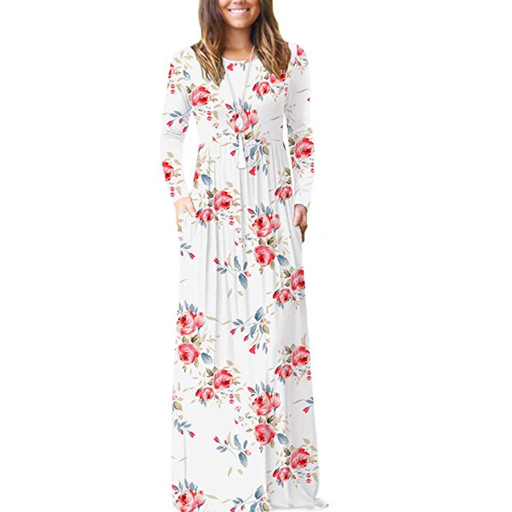 Women's Floral Print Long Sleeve Maxi Dress with Pockets - Casual Crewneck Loose Fit Midi Dress for Spring Fall - Perfect for Office, Date Night & Vacation Wear