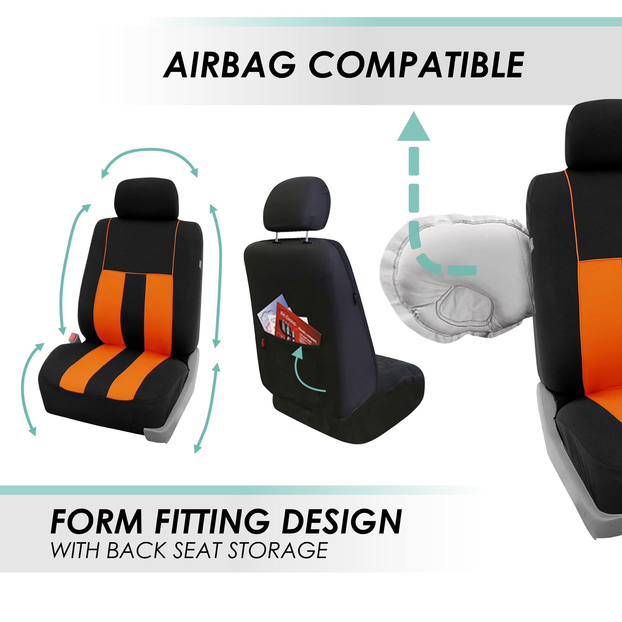 FH Group Universal Fit Car Seat Covers Full Set - Breathable Cloth Fabric, Airbag Compatible, Split Bench Design for SUV, Sedan, Van (Orange) | Perfect for Road Trips, Daily Commutes & Protecting Seats from Pets, Spills & Wear