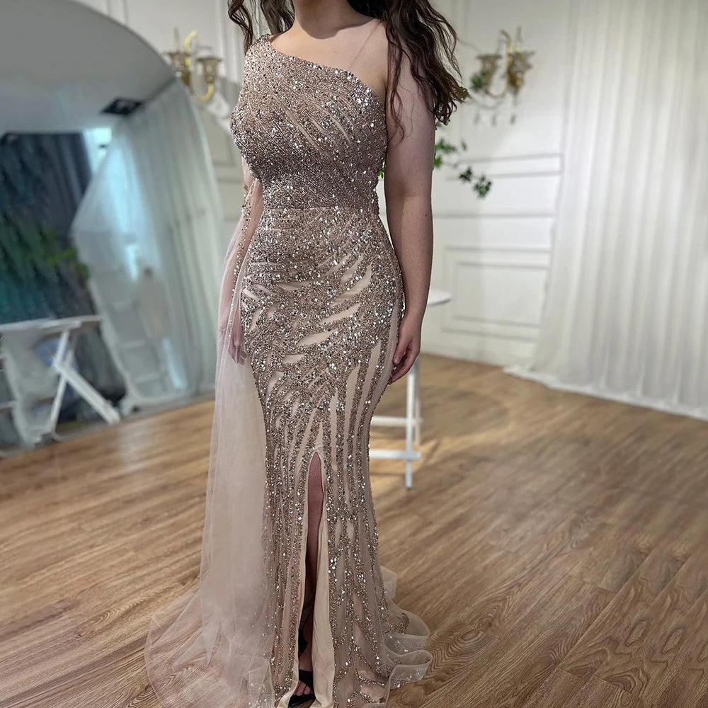 Elegant One Shoulder Lilac High Split Mermaid Evening Dress with Beaded Details for Women - Perfect for Prom, Gala, and Formal Parties - Serene Hill LA71493