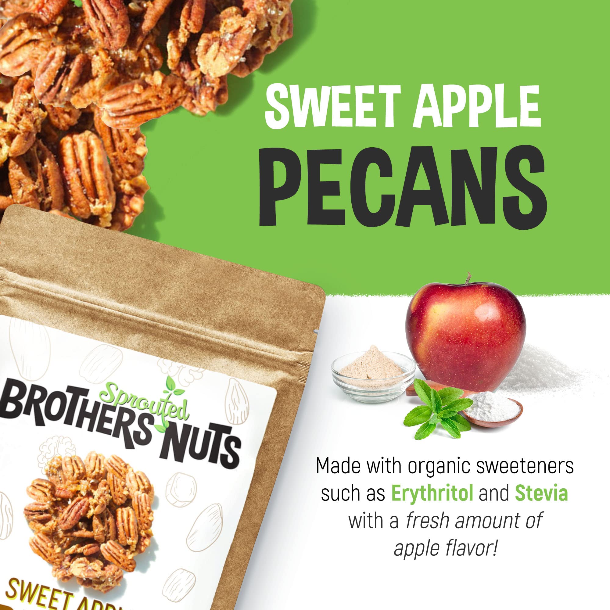 Brothers Nuts - Sweet Apple Flavored Pecans | Natural, Gluten-Free, Vegan, Keto Friendly Snacks | Sprouted Pecans Halves & Pieces | No Preservatives, All Natural Ingredients | 2 oz Pack | Perfect for Healthy Snacking, Baking, Salads & Trail Mixes