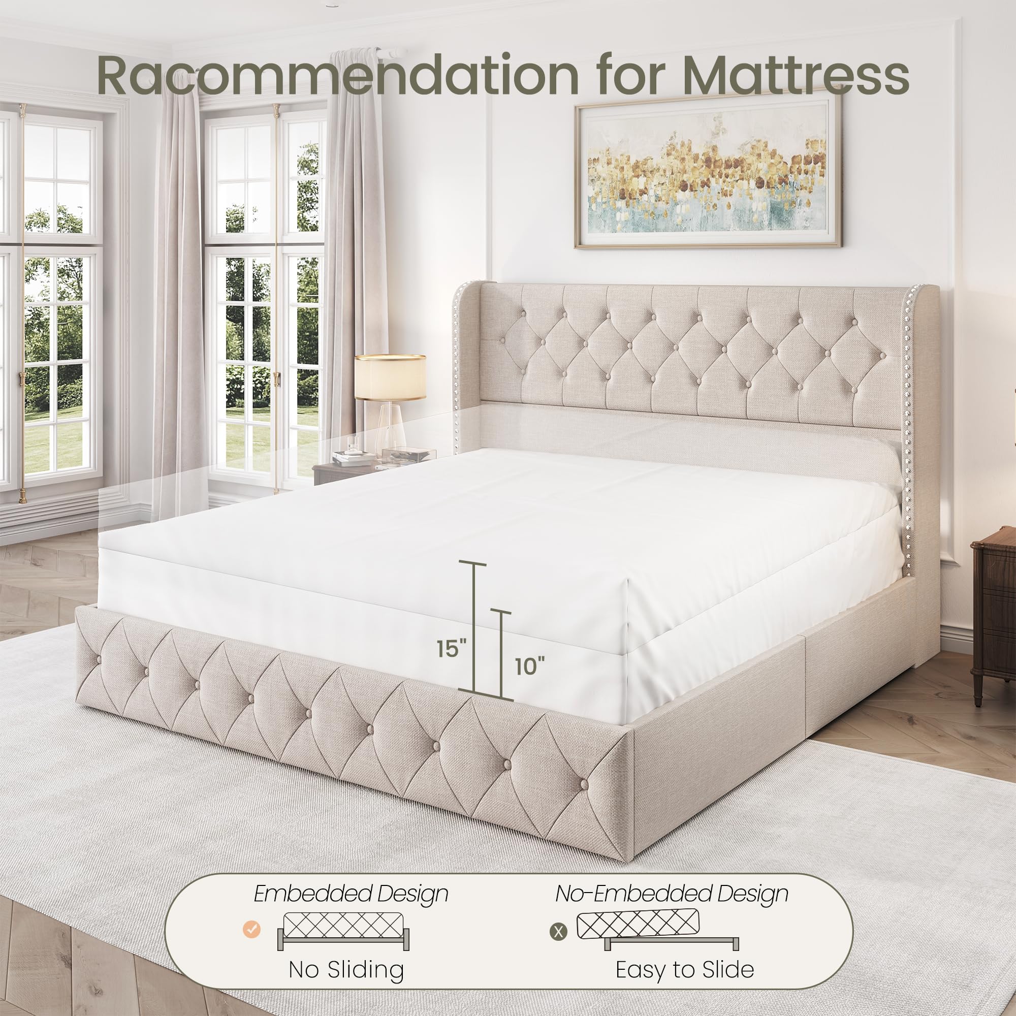 King Size Bed Frame with 4 Storage Drawers & Tufted Headboard - Linen Upholstered Platform Bed with Wooden Slats Support - Easy Assembly Wingback Bed in Beige - Perfect for Master Bedroom, Guest Room & Small Space Storage Solutions