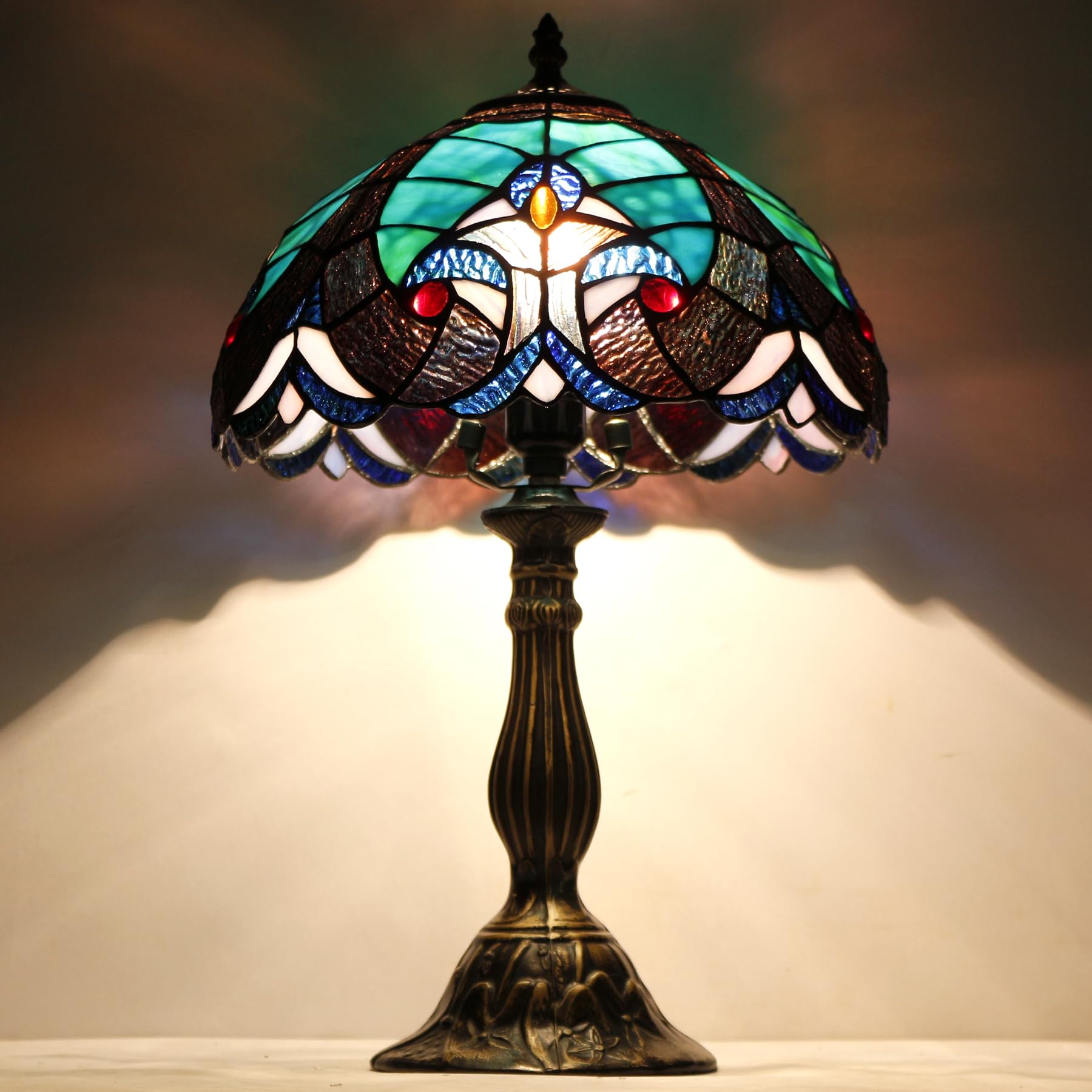 Tiffany Style Stained Glass Table Lamp - Green Liaison Bedside Reading Light, 12x12x18 Inches, S160G Series for Bedroom, Living Room, Home Office Decor | Perfect for Nightstand, Study Desk & Cozy Reading Nook