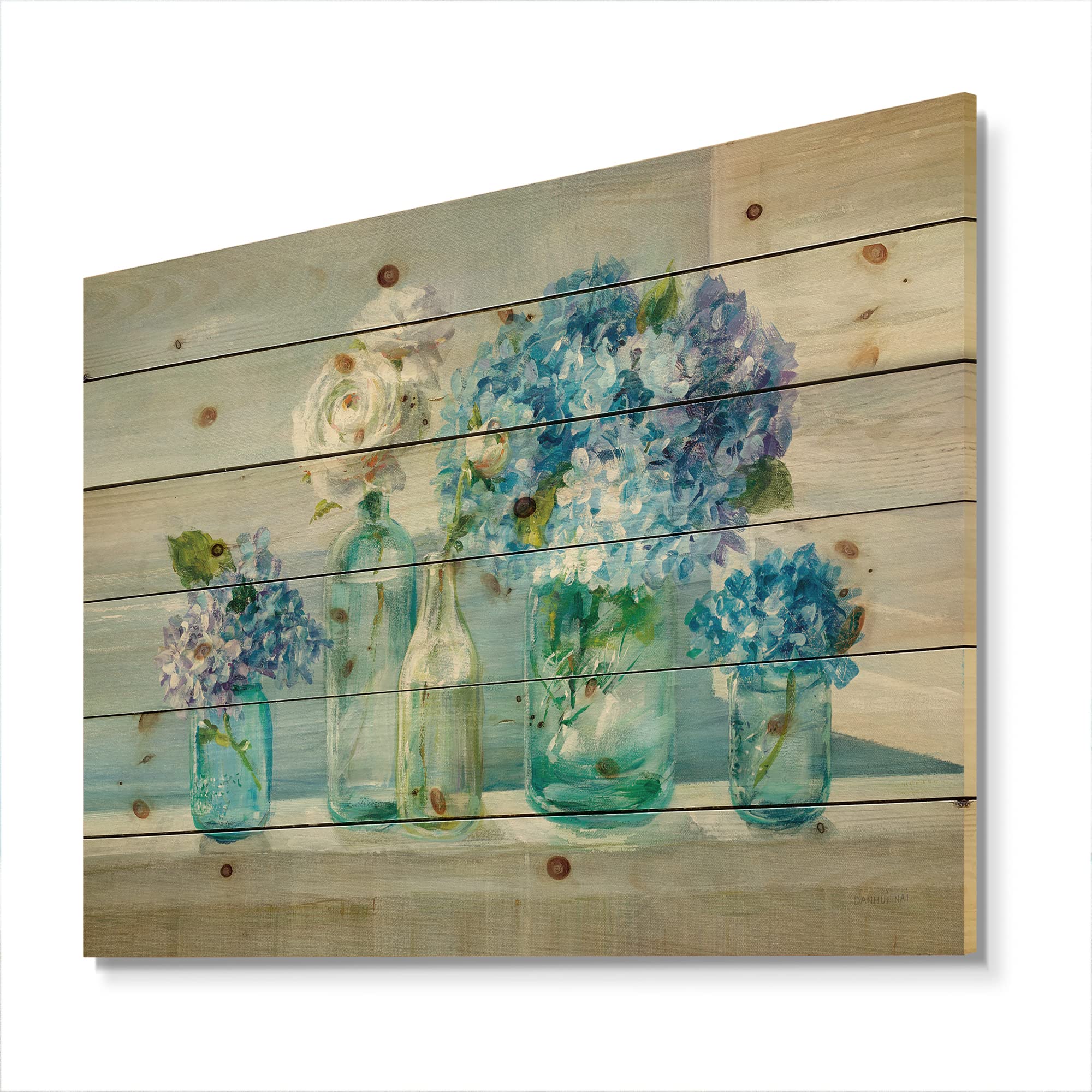 Nautical Coastal Wood Wall Decor - Blue Wood Wall Art with Floral Bouquets, Large Beach Wood Panels Printed on Natural Pine | Perfect for Beach House, Living Room & Coastal Home Decor