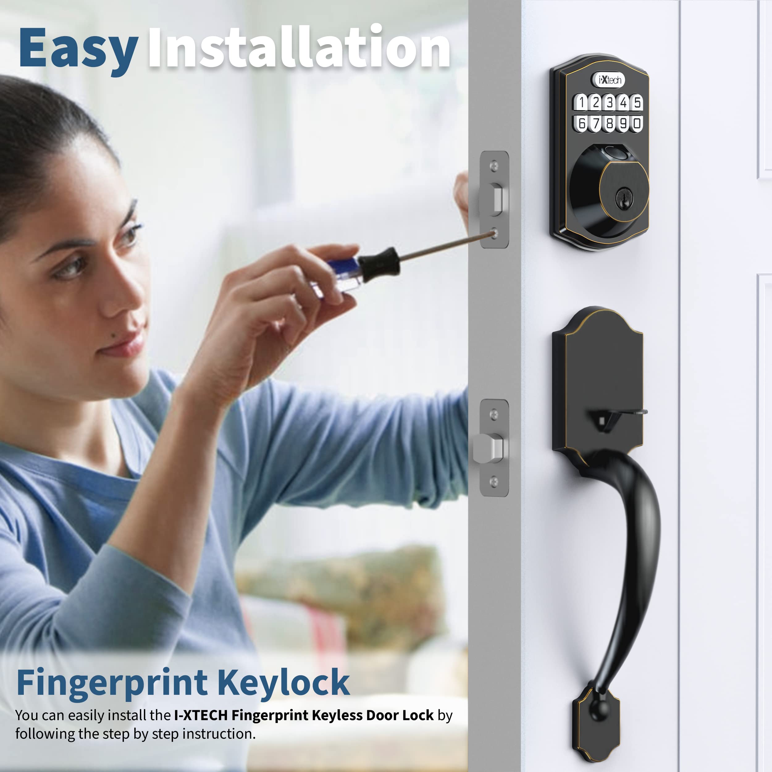 IXTECH Smart Fingerprint Door Lock Set - Keyless Entry Deadbolt with Handle, Auto Lock, Keypad & 2 Keys - Oil Bronze Finish for Home Front Door Security (Perfect for Apartments, Offices & Vacation Homes)