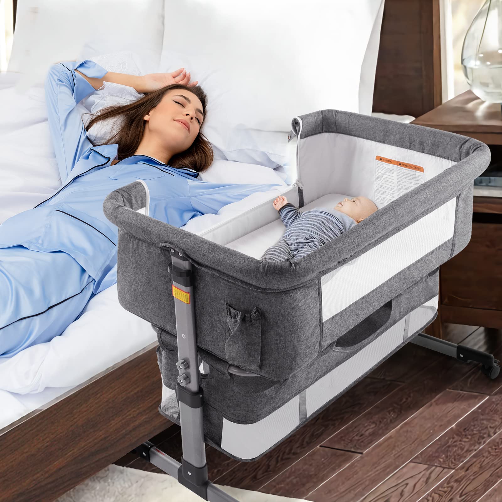 Ihoming Portable Baby Bassinet Bedside Sleeper with Storage Basket - Adjustable Folding Crib for Newborns & Infants - Deep Gray - Perfect for Nursery, Bedroom & Travel