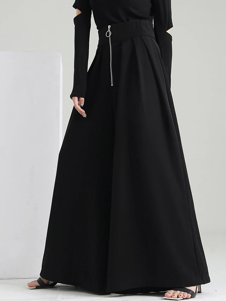Black Patchwork Zipper Wide Leg Pants for Women - High Waist Loose Minimalist Trousers - Summer Casual Outfit for Streetwear & Office Wear