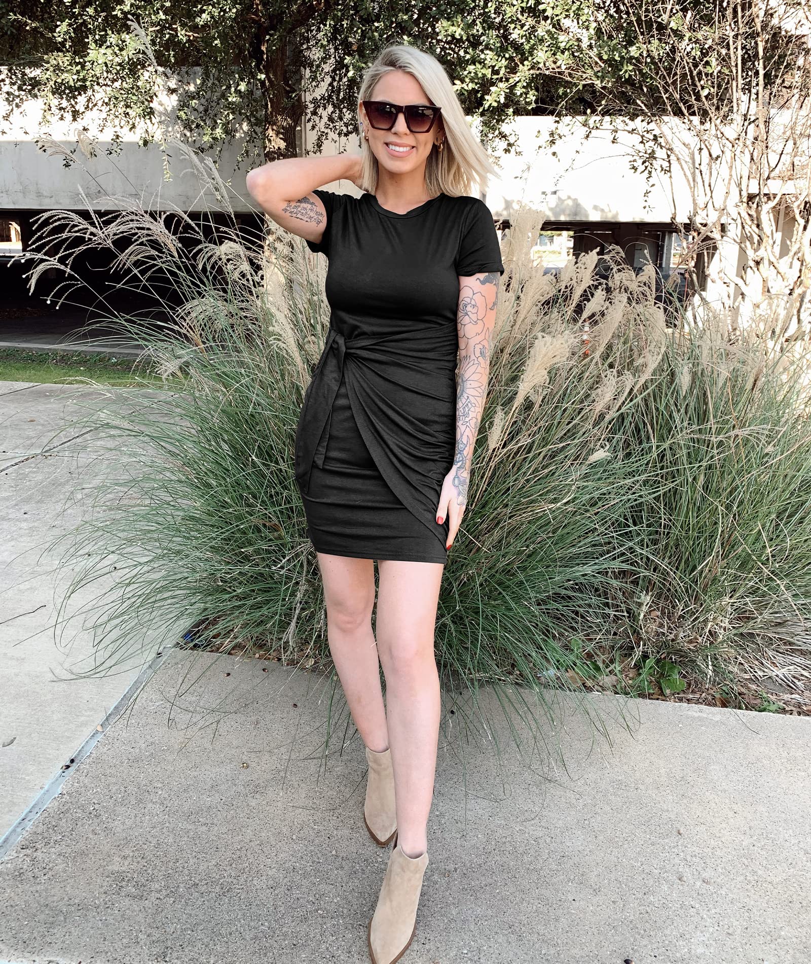 BTFBM Women's 2025 Spring Summer Casual Short Sleeve Ruched Bodycon Tank Dress - Tie Waist Mini Dress for Beach, Sun, Vacation & Night Out