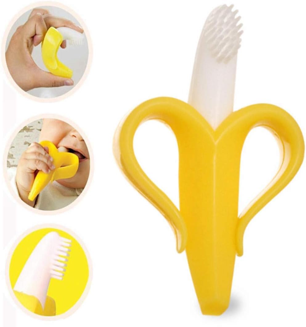 Kritiu Banana Shape Baby Brush & Fruit Teether Set - Soft Silicone Teething Toy for Infants | BPA-Free, Non-Toxic & Easy to Clean | Perfect for Soothing Sore Gums & Oral Hygiene (Yellow & Red) - Ideal for Home, Travel & Daycare Use