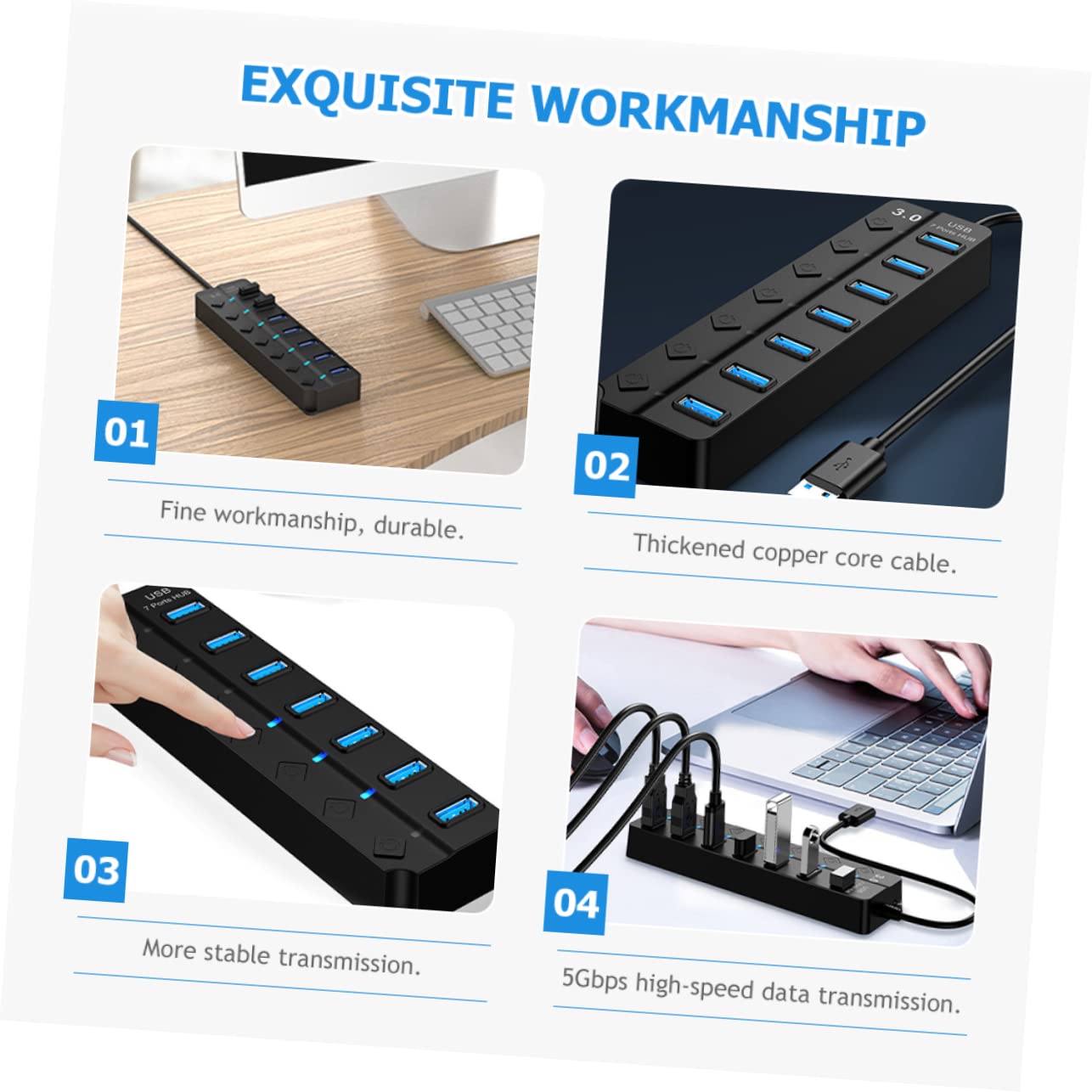 Jojofuny 3-Port USB Hub Expander Adapter with 7 Ports - High-Speed USB Extension Cable for Laptop, PC, Computer - Perfect for Home Office, Gaming & Multi-Device Charging