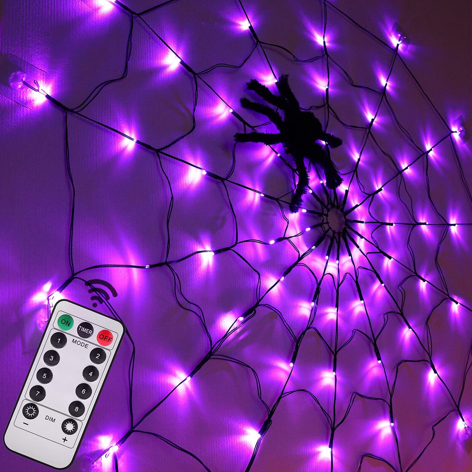 Halloween Spider Web Lights - 4FT Diameter 70 LED Cobweb Decor with Black Spider, Waterproof Net Lights, Remote Control & 8 Lighting Modes for Indoor/Outdoor House & Garden Decorations (Purple) - Perfect for Halloween Parties, Porch Displays & Spooky Yard Decor