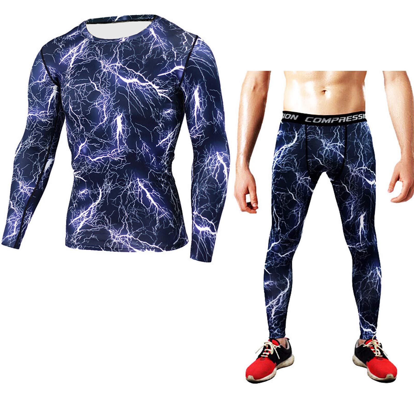 Men's Quick Dry Fitness T-Shirt & Lightning Print Running Leggings Set - Moisture Wicking Workout Clothes for Gym, Jogging & Outdoor Sports