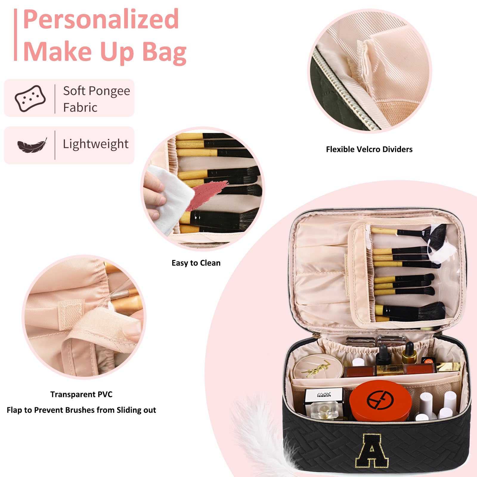 Personalized Chenille Letter Makeup Organizer Bag for Girls & Women - Custom Initial Cosmetic Pouch with Zipper | Trendy Preppy Quilted Portable Makeup Case | Perfect Birthday Gift for Teens & Friends (Large) | Great for Travel, School & Daily Beauty Essentials Storage
