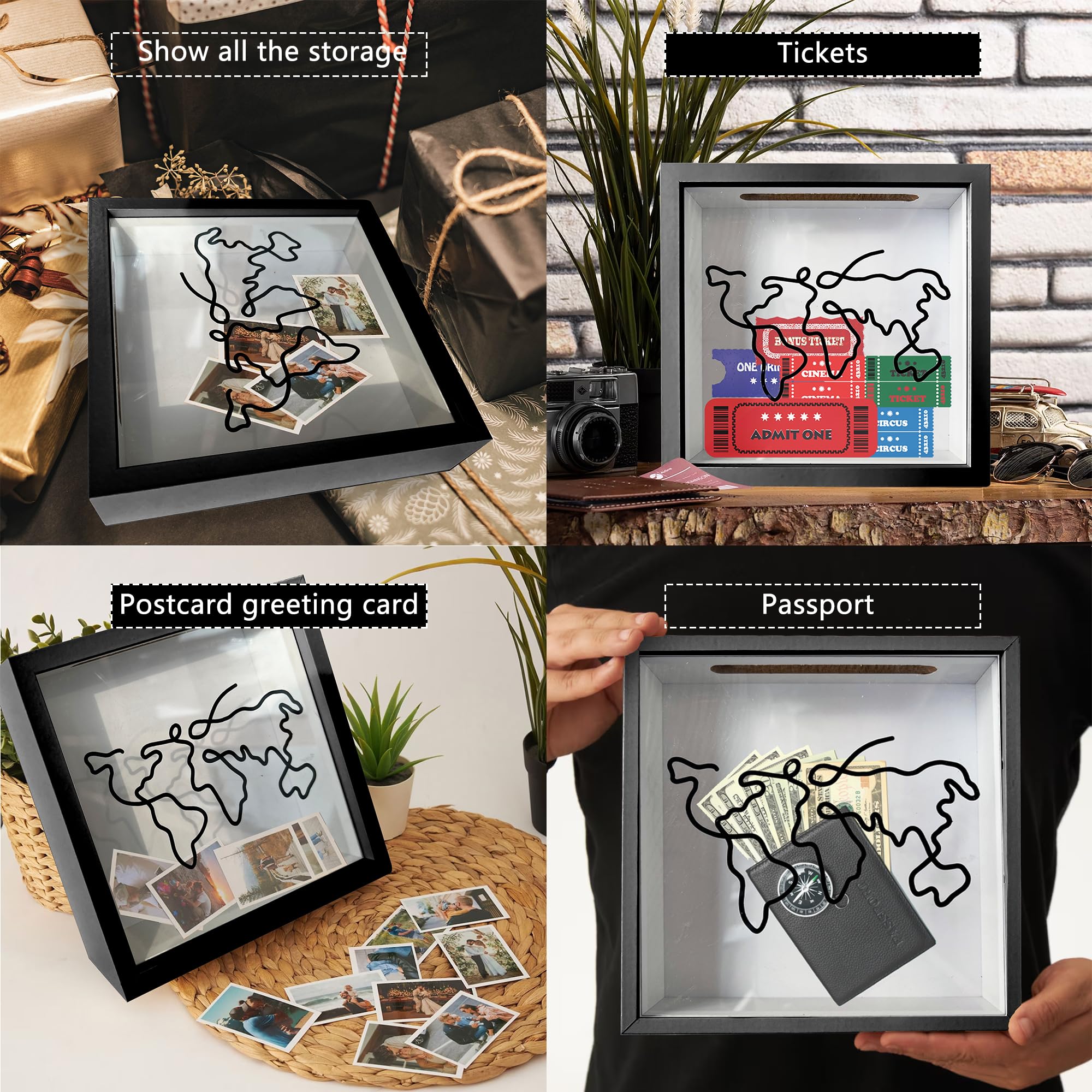 12 Inch Adventure Archive Travel Memory Box - Shadow Box with Ticket Slot, Small Keepsake Storage for Travel Mementos - Perfect for Displaying Vacation Tickets, Photos & Souvenirs (Black Travel Frame)