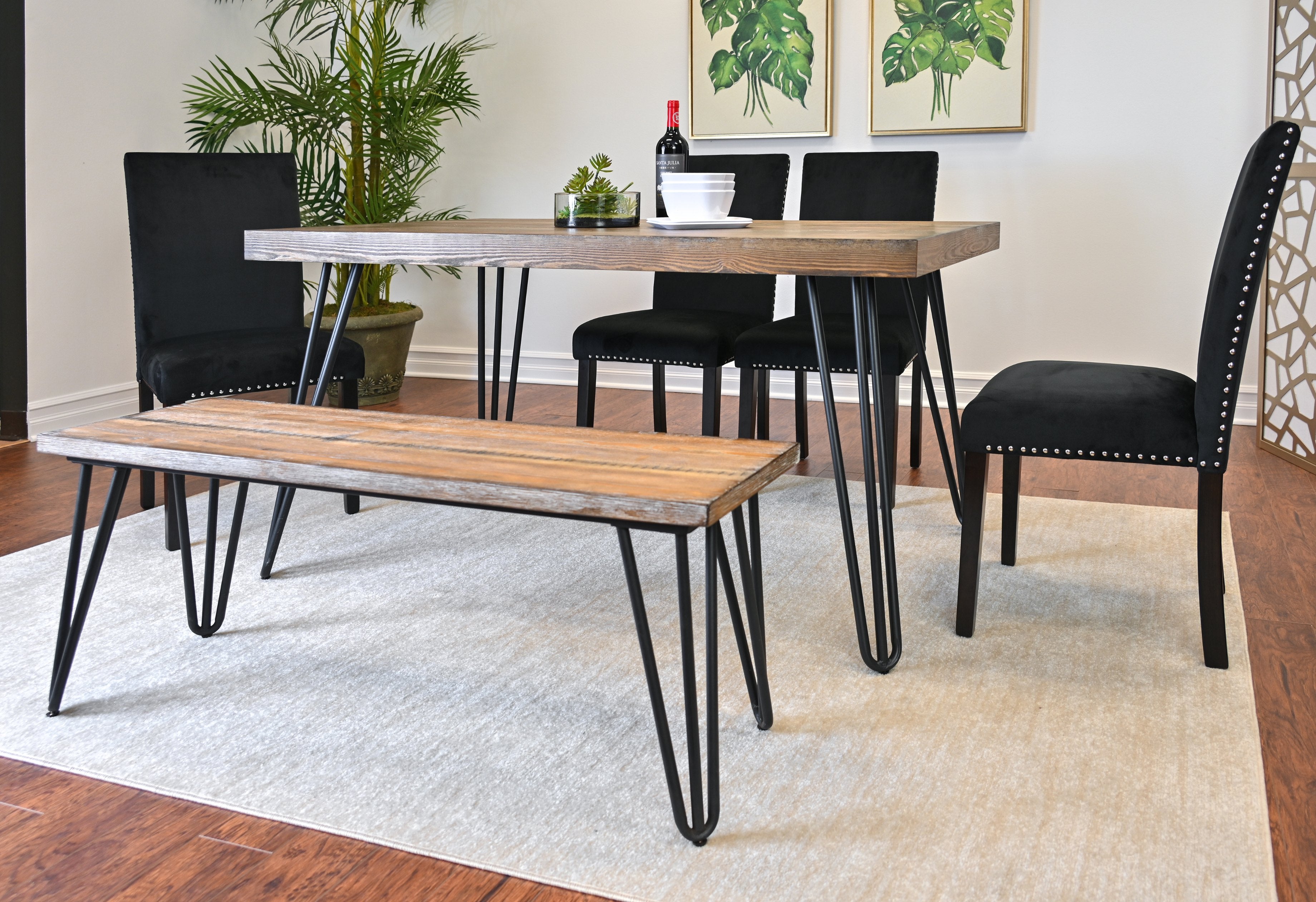 Roundhill Furniture Ashzo 6-Piece Dining Set with Hairpin Leg Table, 4 Chairs & Bench - Modern Kitchen & Dining Room Furniture for Small Spaces | Perfect for Breakfast Nook, Apartment Dining, and Entertaining Guests