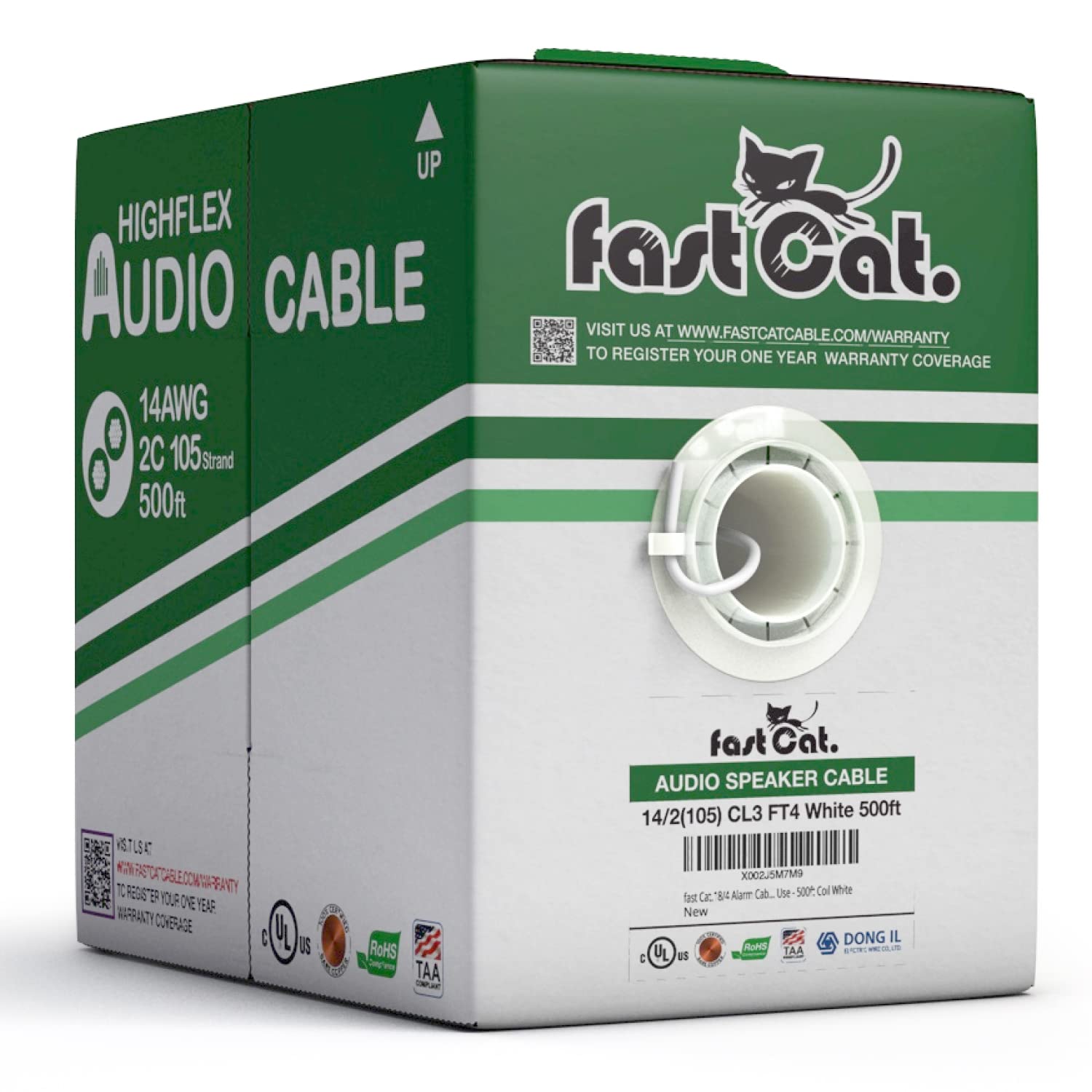 Premium 14 Gauge 2-Conductor Speaker Wire - UL Listed & CMR/CL3R-FT4 Rated - 100% Oxygen-Free Pure Copper with Flexible PVC Jacket - HighFlex 14 AWG Cable (500ft Bulk, White) - Perfect for In-Wall Installation, Home Theater Systems, and Professional Audio Setups