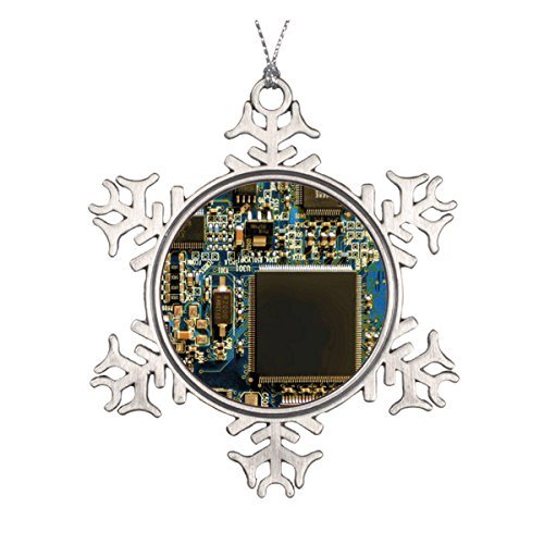 Computer Hard Drive Circuit Board Blue Christmas Ornaments & Pewter Snowflake Ornaments - Unique Tech-Themed Holiday Decor for Tree, Office, and Geek Gift Exchange
