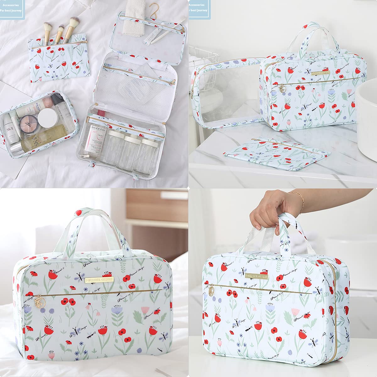 Lychii Hanging Toiletry Bag for Women - Large Floral Printed Travel Makeup Organizer & Cosmetic Case - Perfect for Bathroom, Shower, Gym, and Vacation Packing