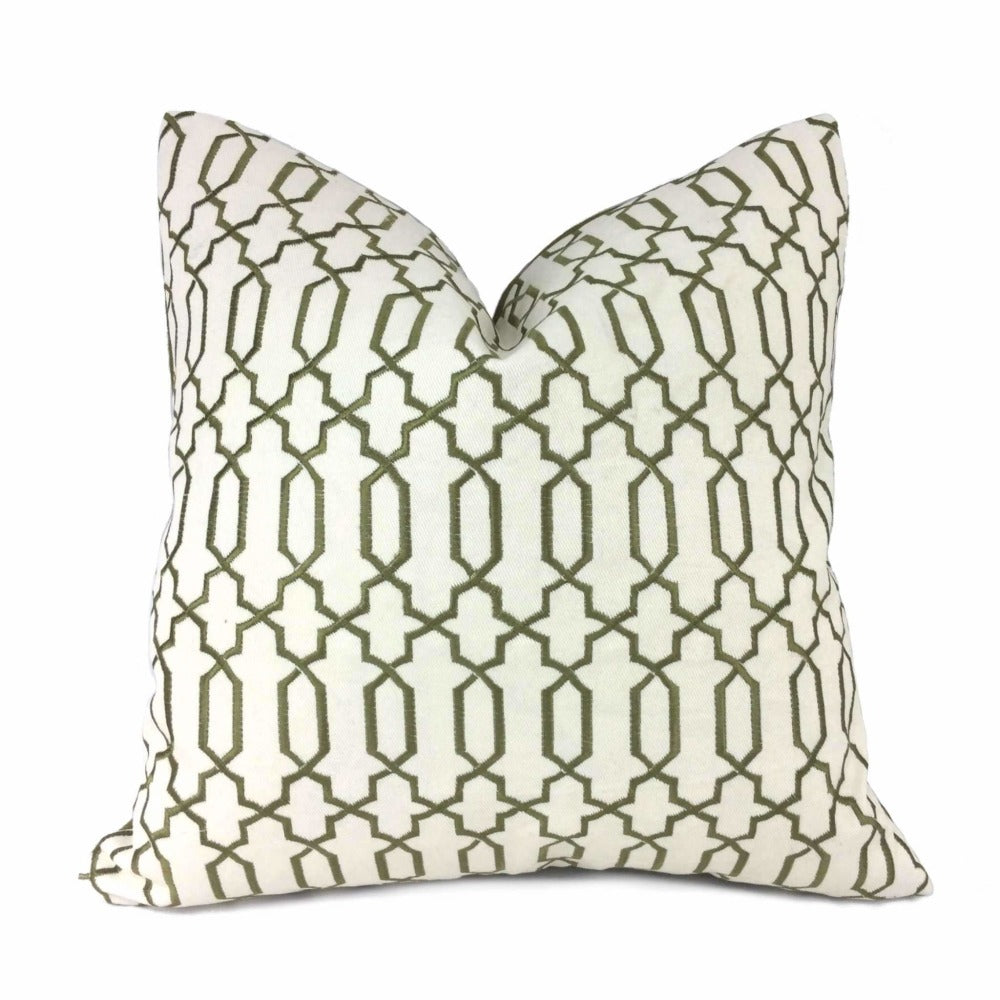 Elysa Green Olive & Cream Embroidered Geometric Fretwork Lattice Pillow Cover - Bohemian Home Decor for Living Room, Bedroom & Sofa