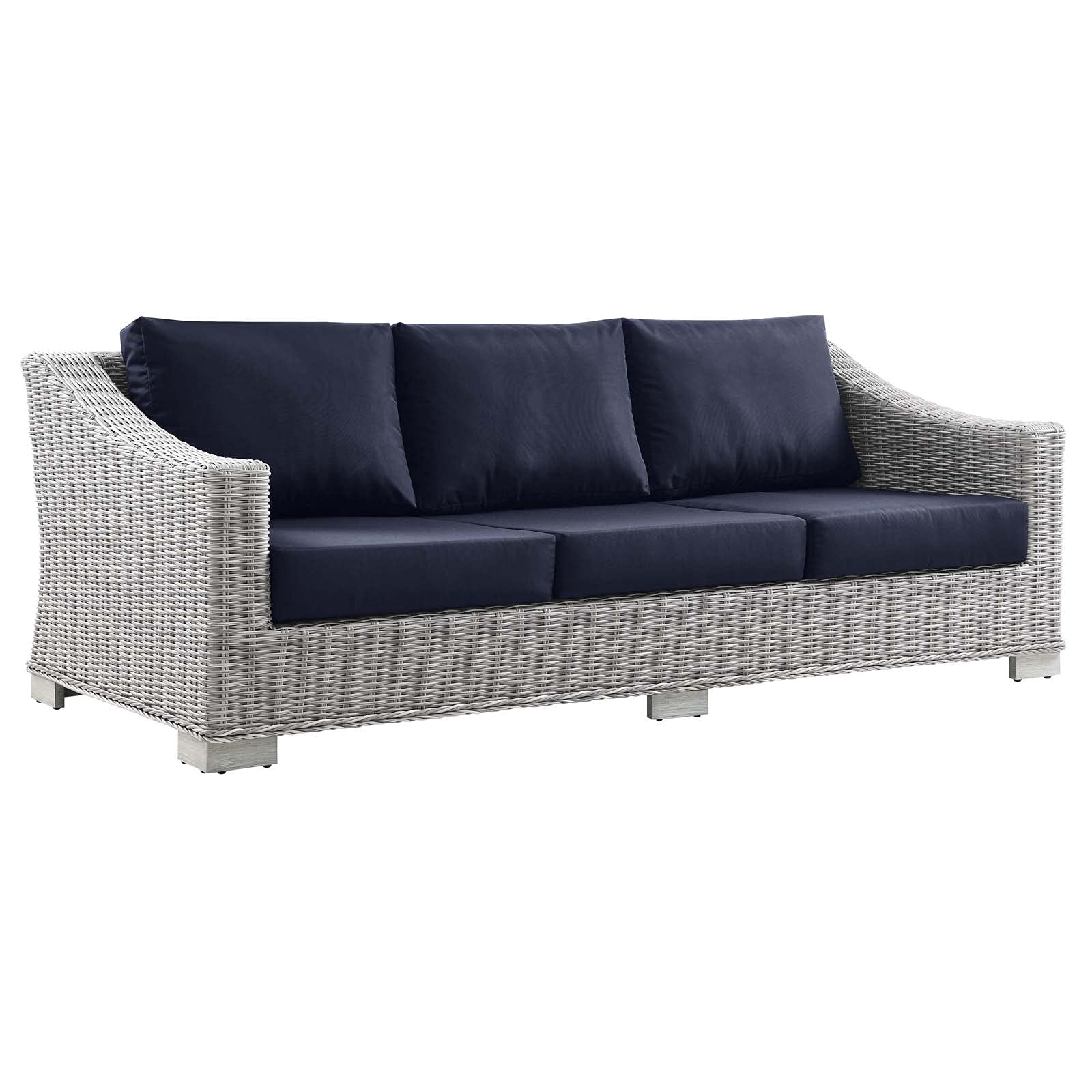 Modway Conway Outdoor Patio Sofa Set - Light Gray & Navy Wicker Rattan Furniture for Garden, Poolside & Backyard Relaxation