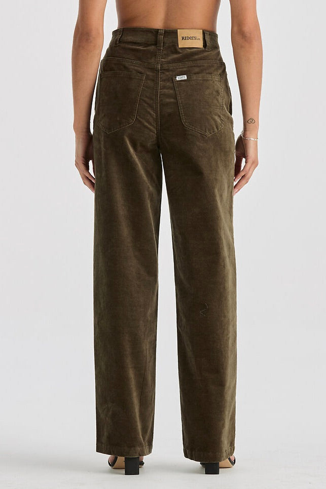 Hi Wide Deep Olive Cord Pants for Women - Comfortable Stretch Corduroy Trousers for Casual Wear & Fall Fashion