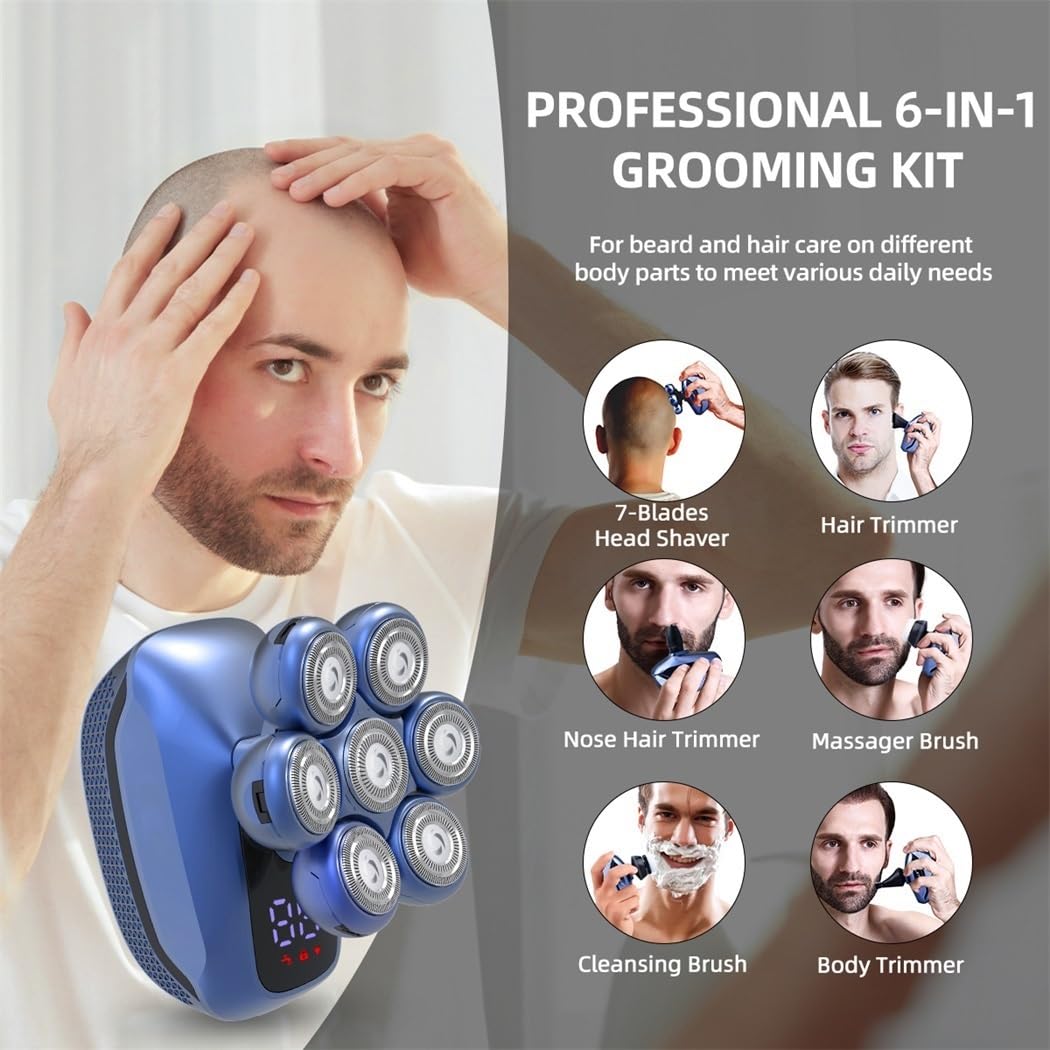 Professional 6-in-1 Electric Head Shaver for Bald Men - 7D Floating Cutter Multi-Functional Hair Trimmer & Shaving Machine - Perfect for Home, Travel and Barber Shop Use