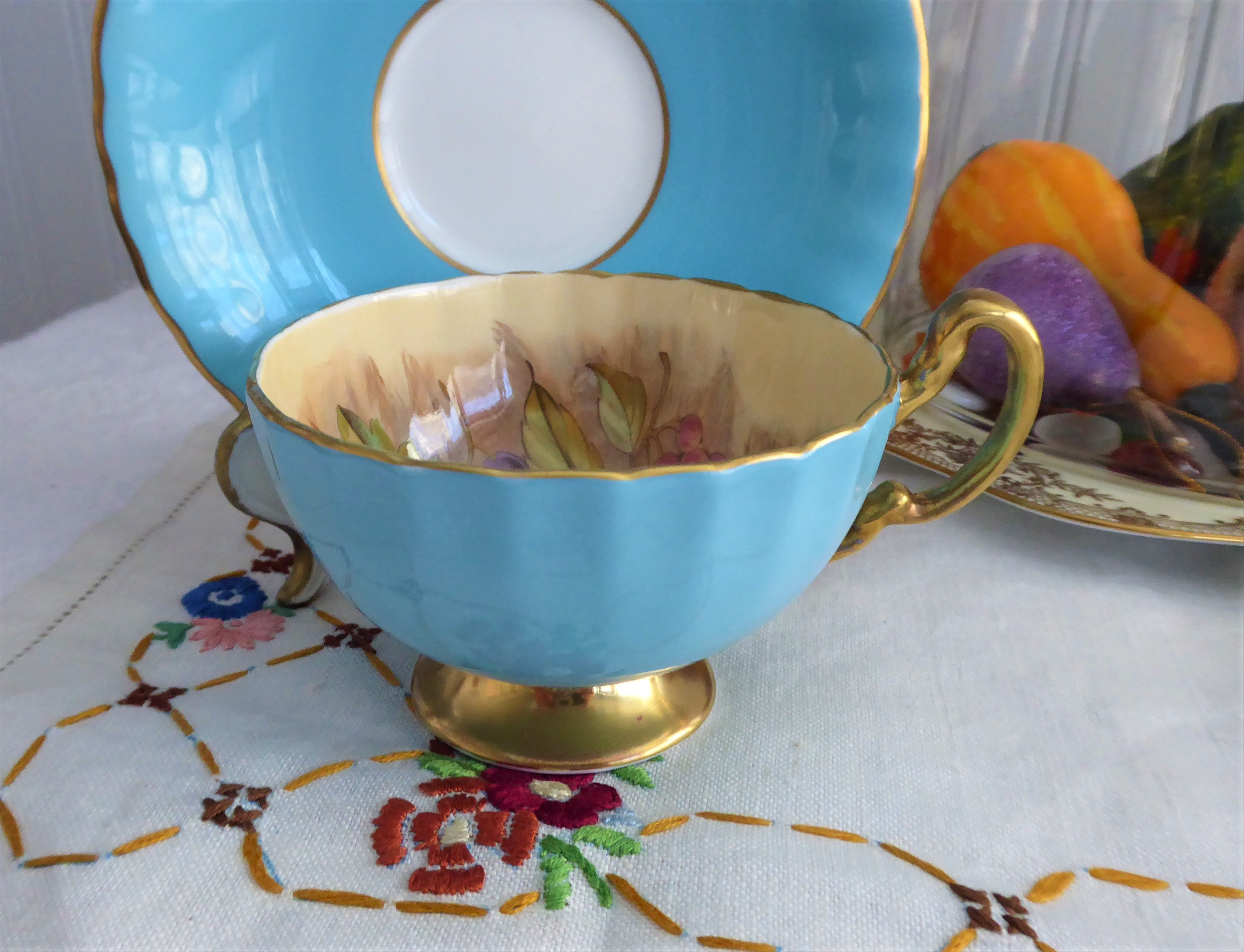 Vintage Aynsley Signed Turquoise Cup and Saucer Set with Fruit Center Design - 1960s Burnished Gold Tea Set for Afternoon Tea & Collectible Display