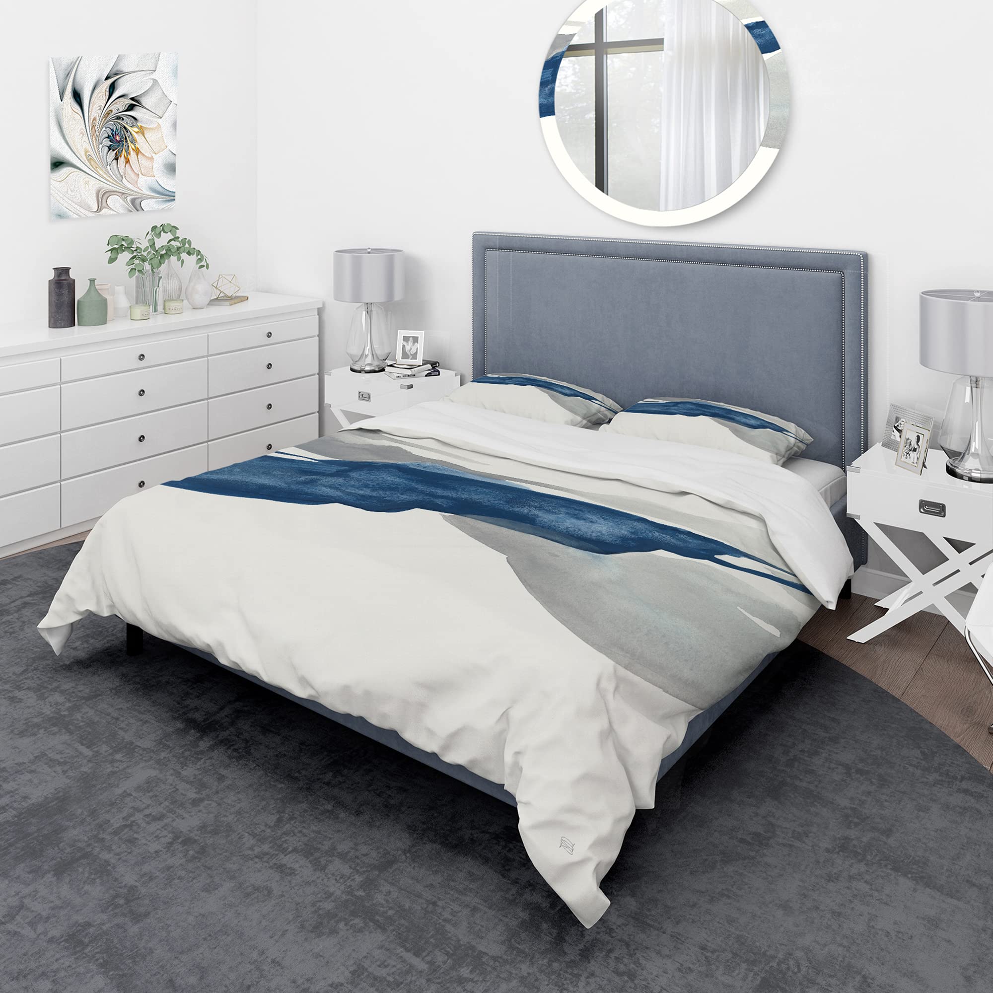 DesignQ Gouache Sapphire on Gray II Nautical & Coastal Duvet Cover Set - King Size Blue Abstract Bedding (3-Piece) | All-Season Luxury Bedding for Coastal & Nautical Themed Bedrooms