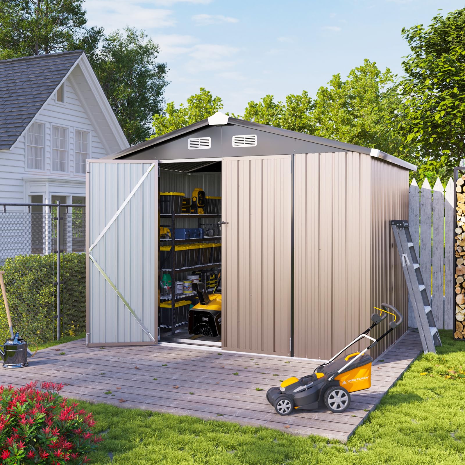8x5.6ft Outdoor Storage Shed with Base - Heavy Duty Metal Garden Shed for Lawn Mower, Bike, Tools | Lockable Door for Backyard, Patio & Garage Organization | Weatherproof Outdoor Storage Solution