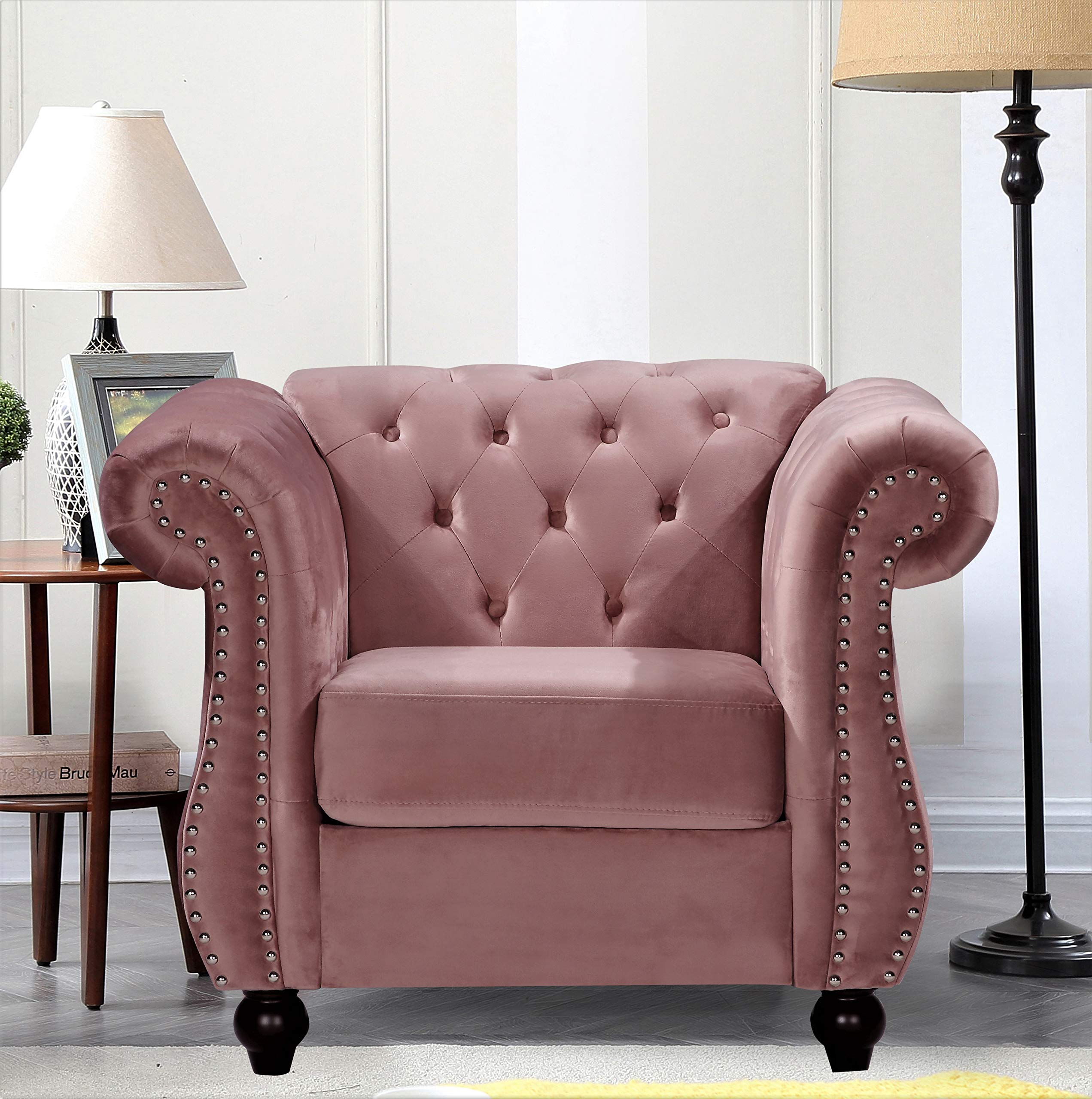 Modern Velvet Chesterfield Sofa Set - Tufted Living Room Couch with Nailhead Trim & Sturdy Metal Frame (Chair, Loveseat & Sofa) in Natural Pink | Elegant Home Decor for Living Rooms, Offices & Luxury Spaces