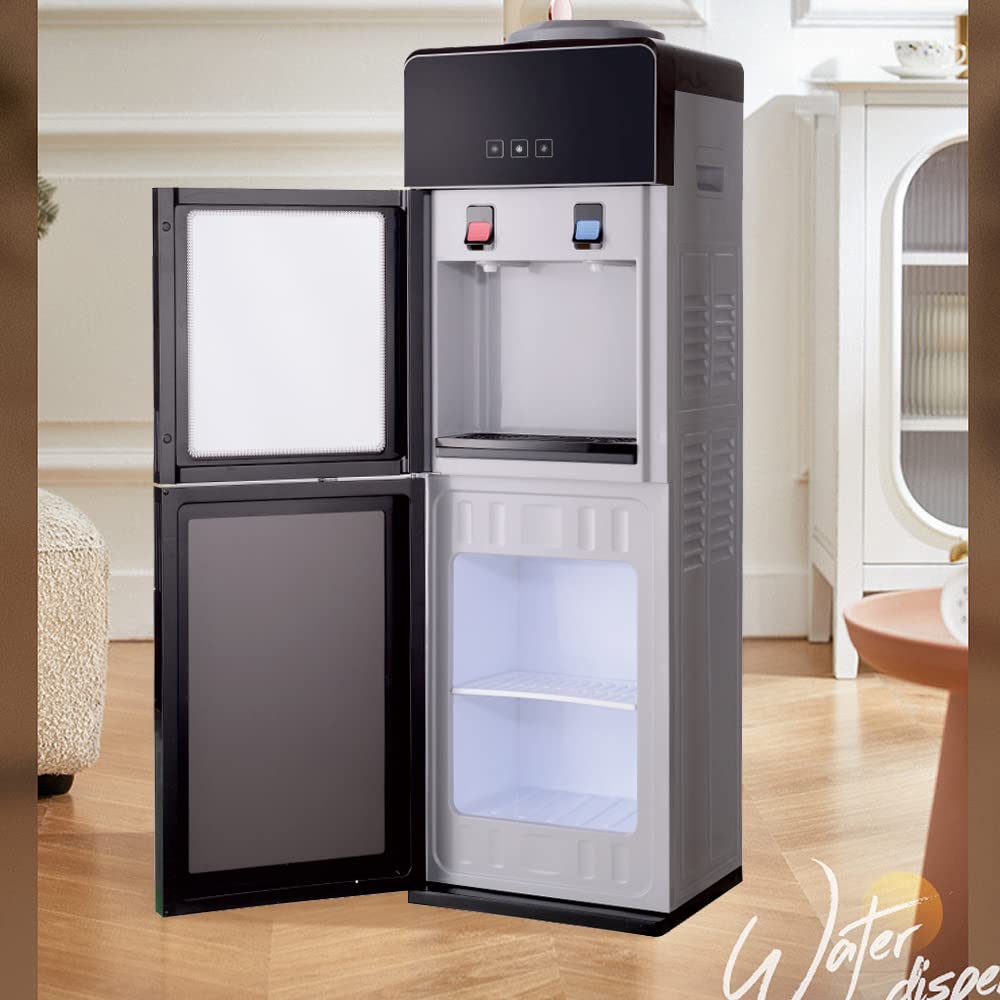 Top Loading Hot & Cold Water Cooler Dispenser for Home & Office - 3/5 Gallon Bottle Capacity with Removable Drip Tray & Storage Cabinet - Ideal for Kitchen, Living Room, Office Break Room (Black)