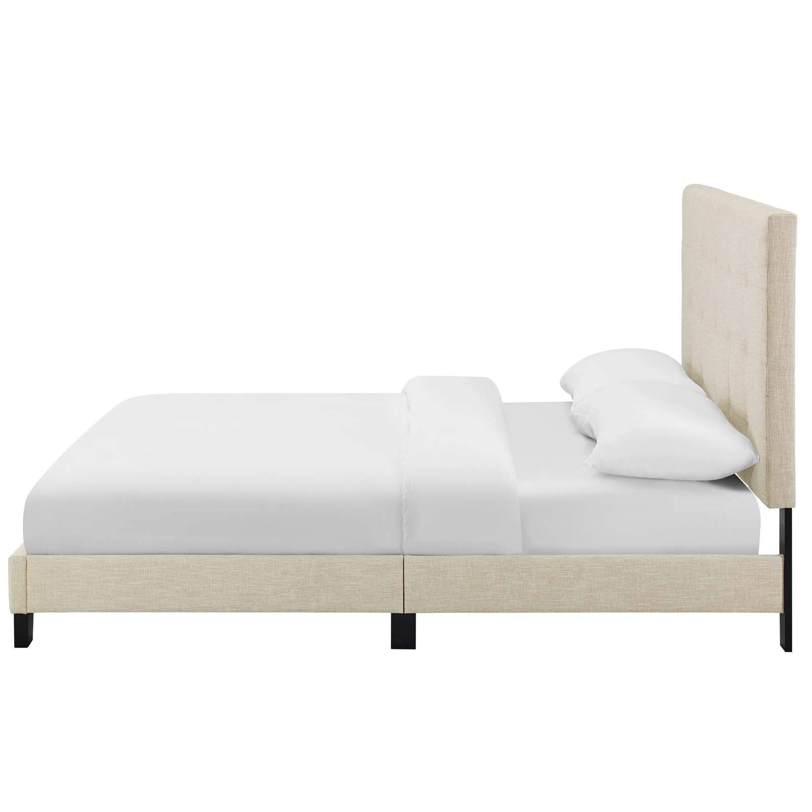 Modern Full Size Platform Bed Frame - Contemporary Urban Design, Soft Fabric Upholstery in Beige | Perfect for Small Bedrooms, Guest Rooms & Studio Apartments