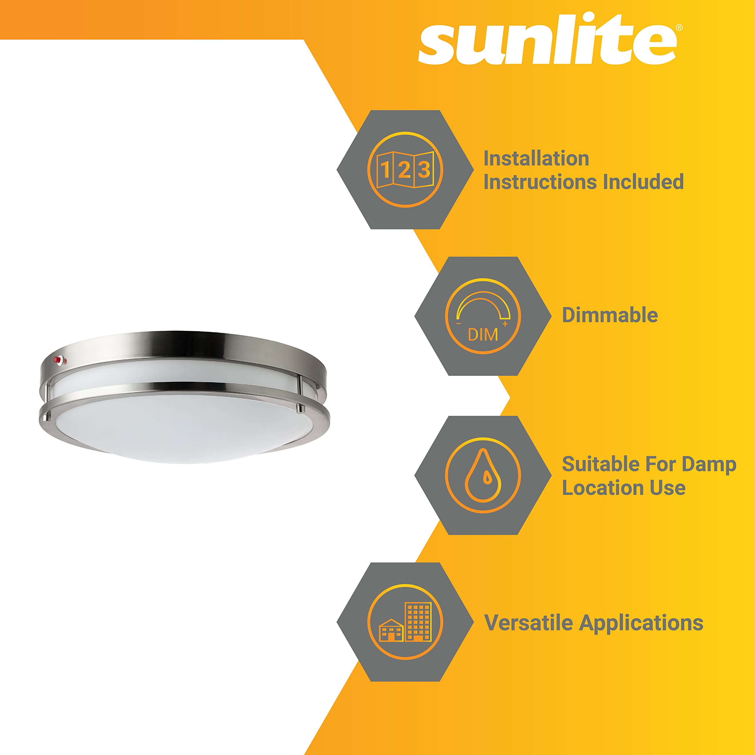 Sunlite 87779 12 Inch LED Ceiling Flush Mount Light with Emergency Battery Backup - 90 Min Runtime, 15W 1050 Lumens, Adjustable 3000K-5000K Color Temperature, Dimmable, 50,000 Hour Lifespan, Brushed Nickel Finish - Perfect for Hallways, Bedrooms & Emergency Lighting