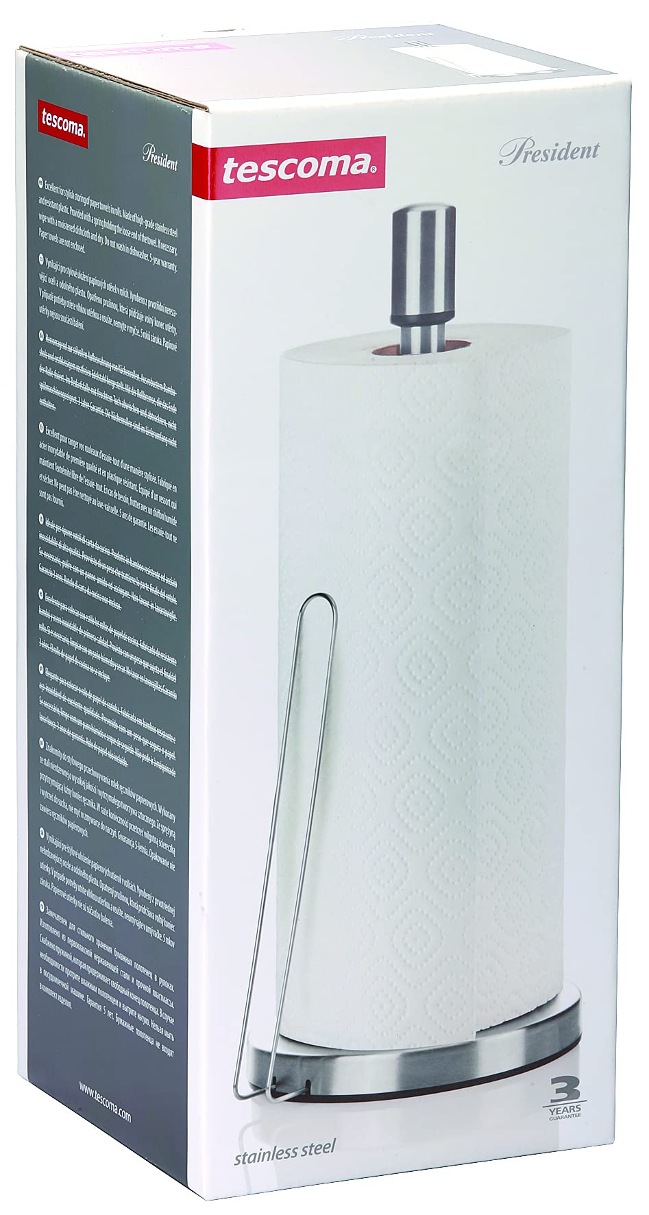 Tescoma Premium Paper Towel Holder - Stainless Steel, 14.5 x 14.5 x 34 cm - Space Saving Kitchen Organizer for Countertop or Under Cabinet - Perfect for Home, Office, Restaurant Use