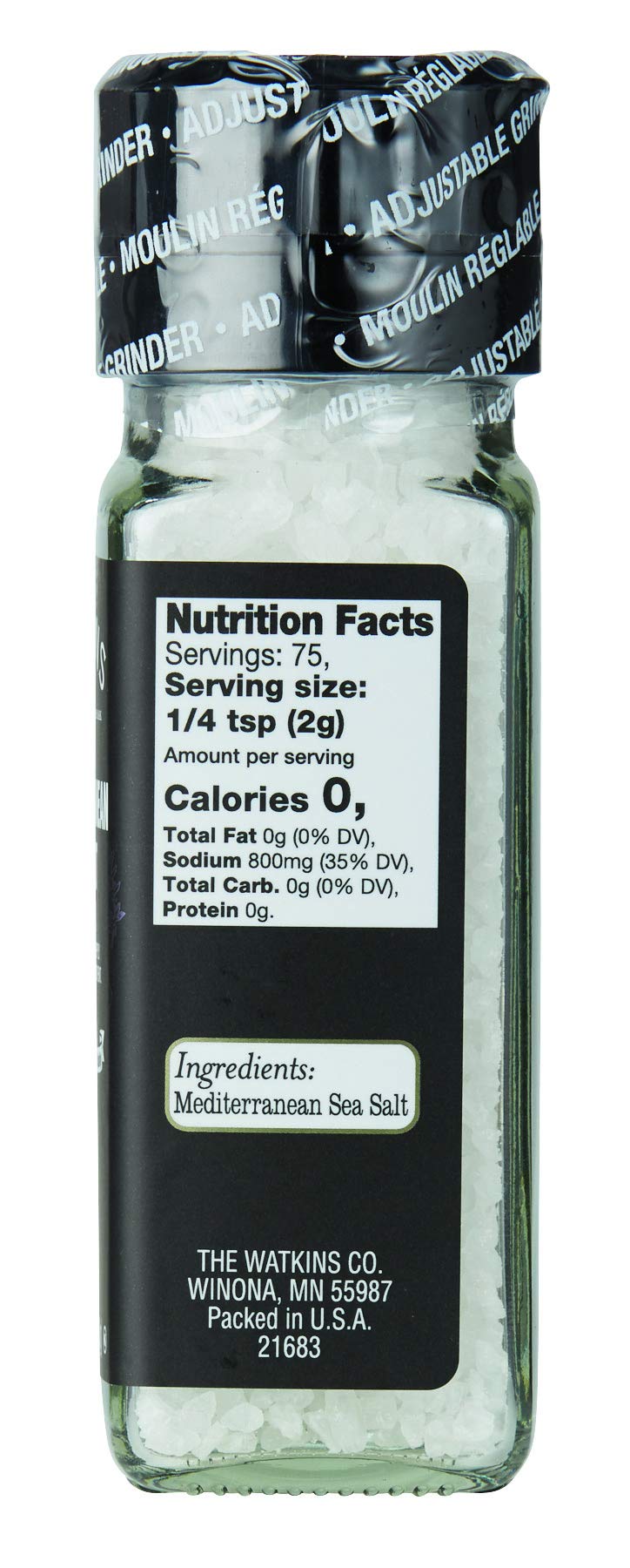 Watkins Mediterranean Sea Salt Grinder Refillable - 5.3 Oz Coarse Gourmet Salt for Cooking, Seasoning & Finishing - Perfect for Steak, Salad & Pasta Dishes
