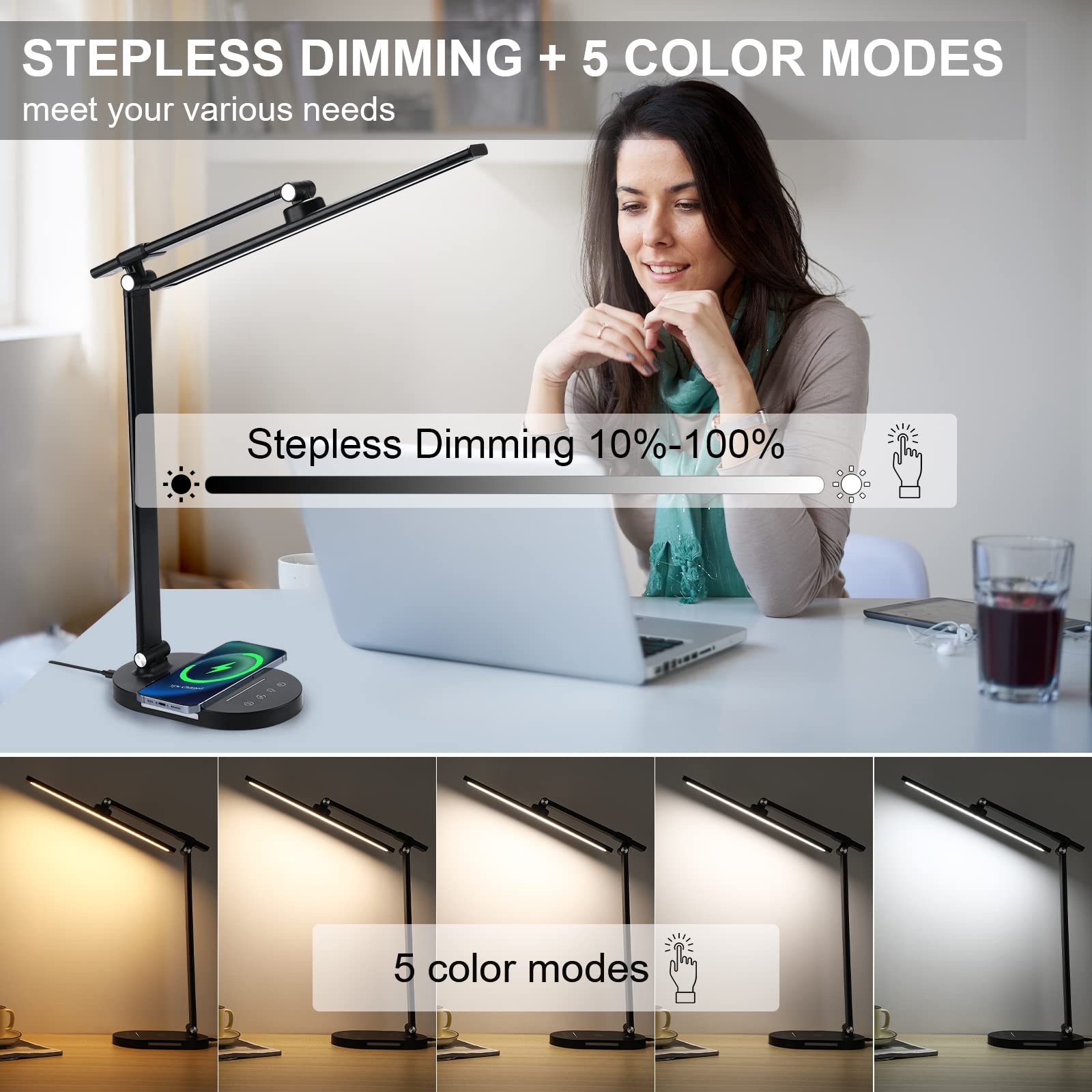 Lightess LED Desk Lamp with Wireless Charger, USB Port, Touch Control - 5 Color Modes & 5 Brightness Levels, Auto Timer, Eye-Caring Study Lamp for Office, Home, Reading & Night Use - Black