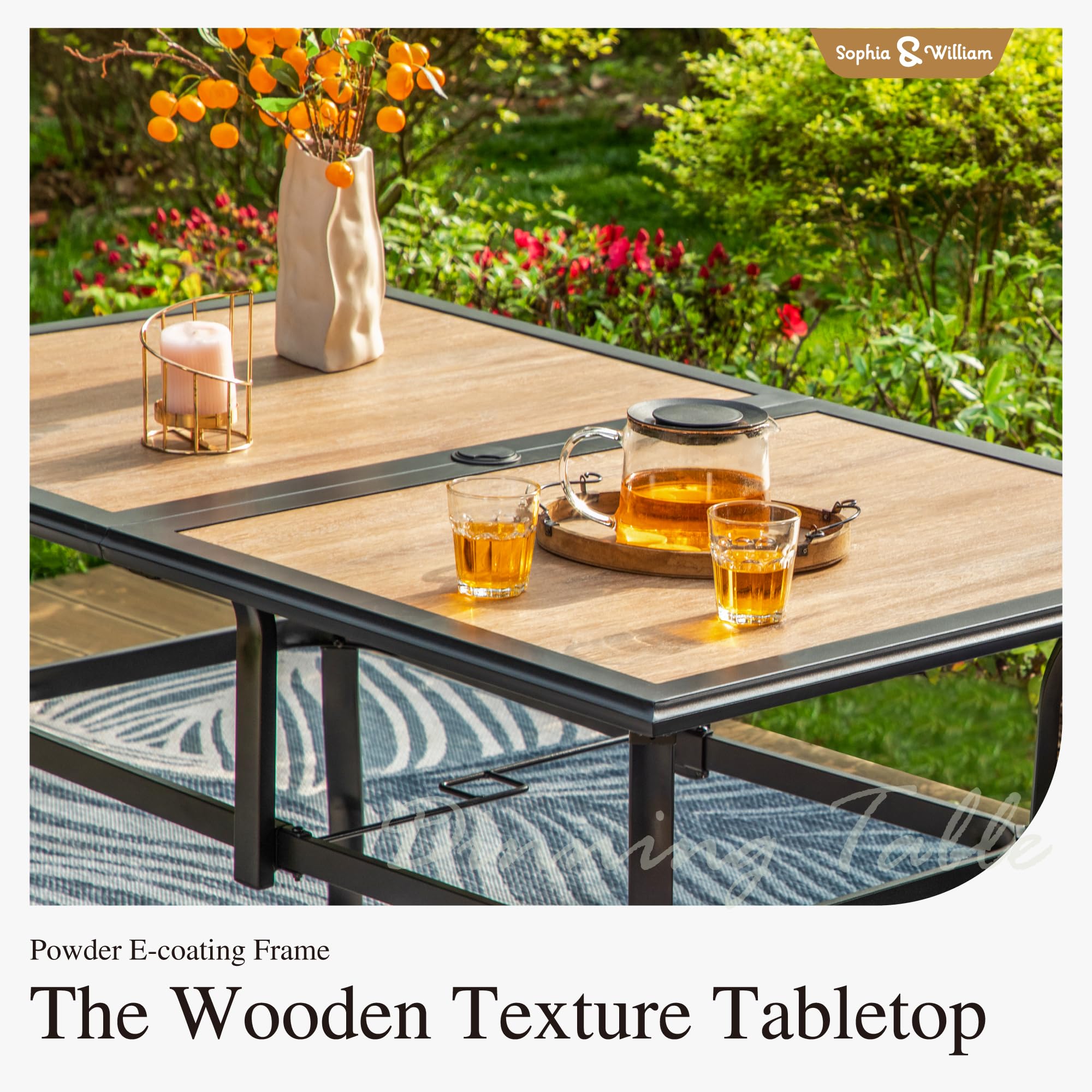 Sophia & William 6-Person Outdoor Dining Table - Rectangular Patio Table with Weather-Resistant Faux Wood Tabletop & Sturdy Steel Frame - Adjustable Umbrella Hole (1.6
