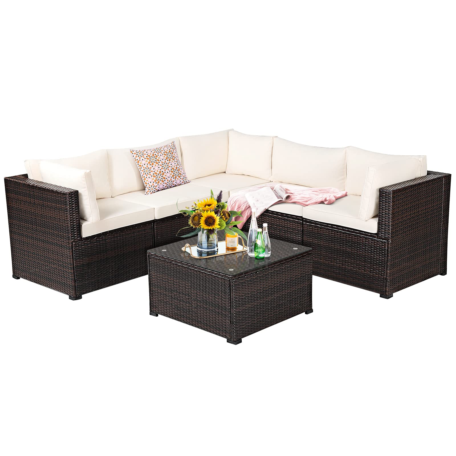 Tangkula 6-Piece Outdoor Patio Furniture Set - All-Weather Rattan Wicker Sectional Sofa with Tempered Glass Coffee Table & Cushions - Perfect for Backyard, Garden, Balcony, Poolside (Beige) | Ideal for Outdoor Entertaining, Relaxation & Lounging