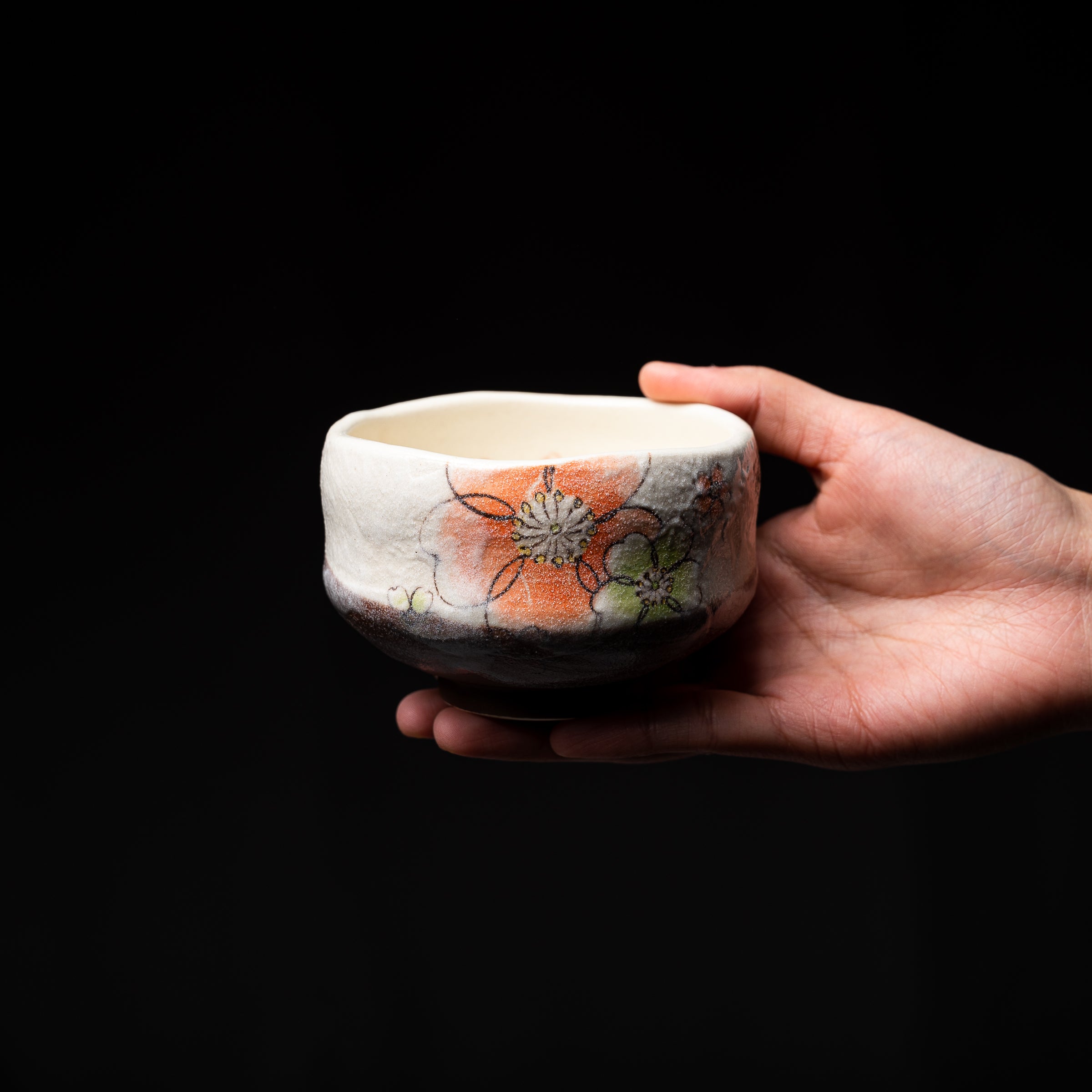Mini Matcha Bowl with Orange Flower Design - Japanese Ceramic Tea Cup for Matcha, Green Tea, or Coffee - Perfect for Tea Ceremonies, Home Decor, or Gifts