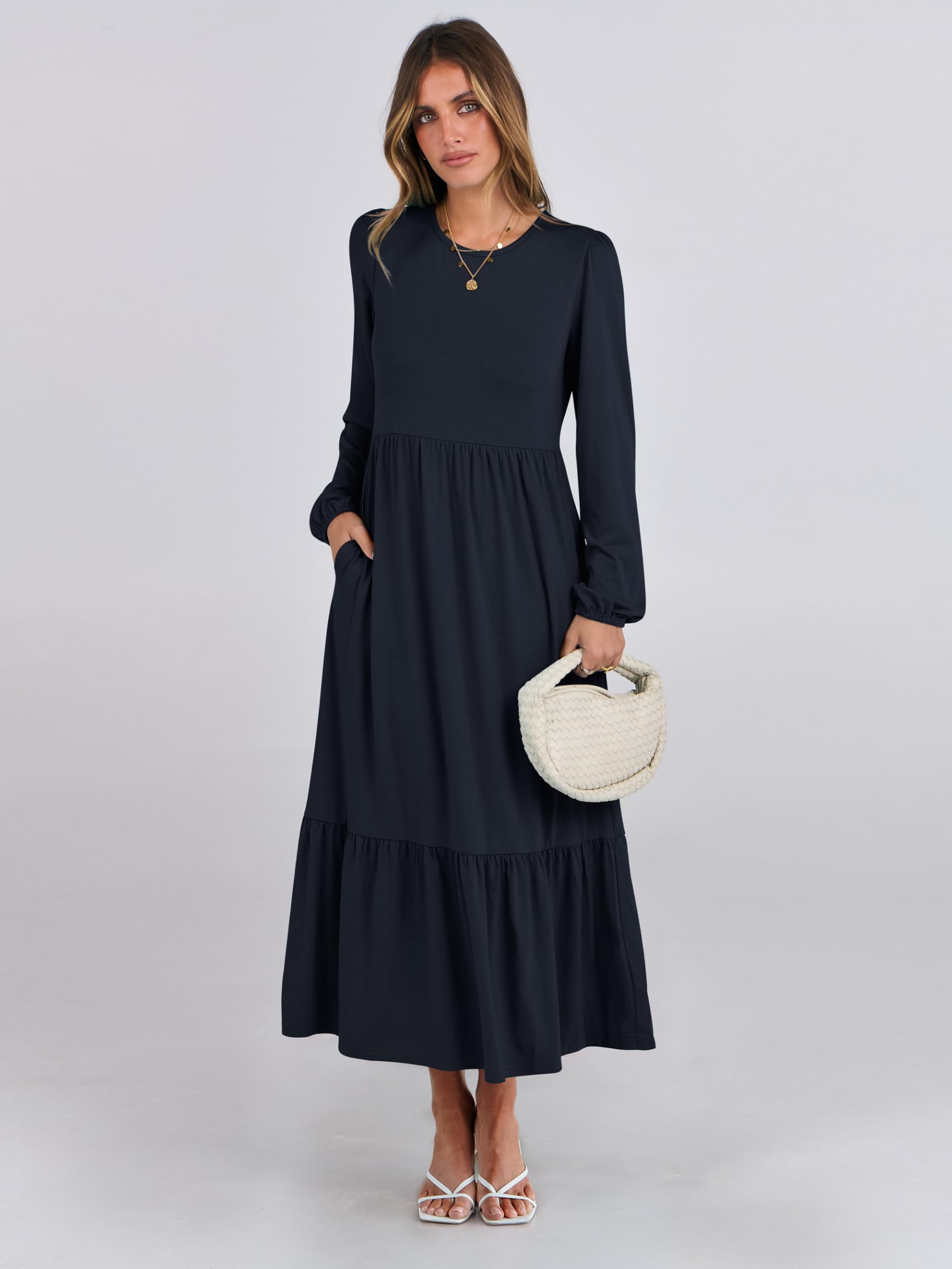 ANRABESS Women's Casual Long Sleeve Midi Dress - 2025 Spring Crewneck A-Line Tiered Flowy Loose Dress with Pockets | Trendy Everyday Wear for Work, Date & Vacation