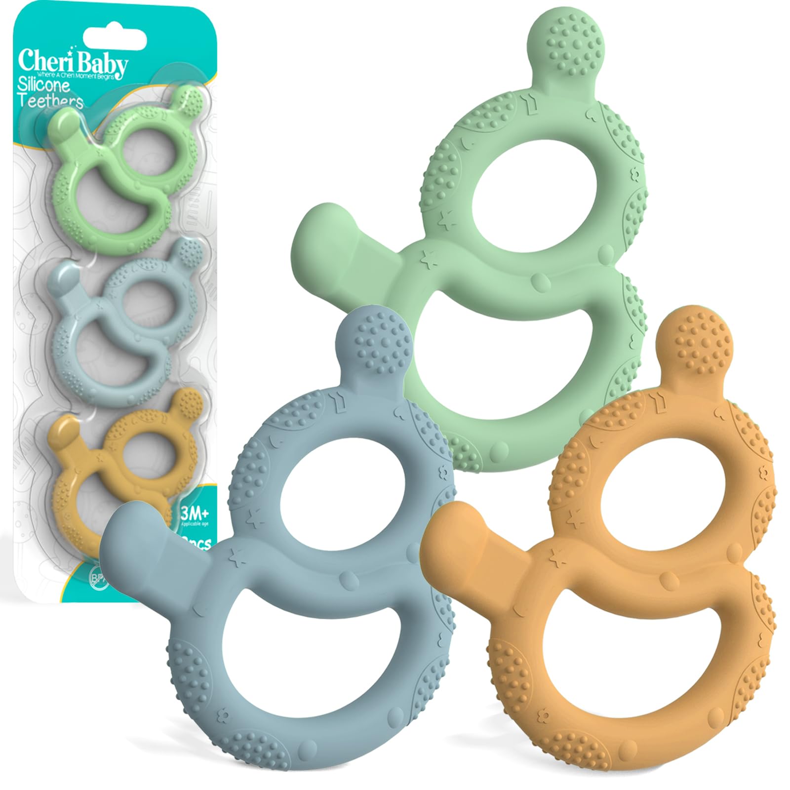 3 Pack BPA-Free Silicone Baby Teething Toys for Infants 3-12 Months - Soft Dual Textured Teether Rings & Nipple for Soothing Sore Gums, Sensory Chew Toys for Boys & Girls - Perfect for Home, Travel & Daycare Use
