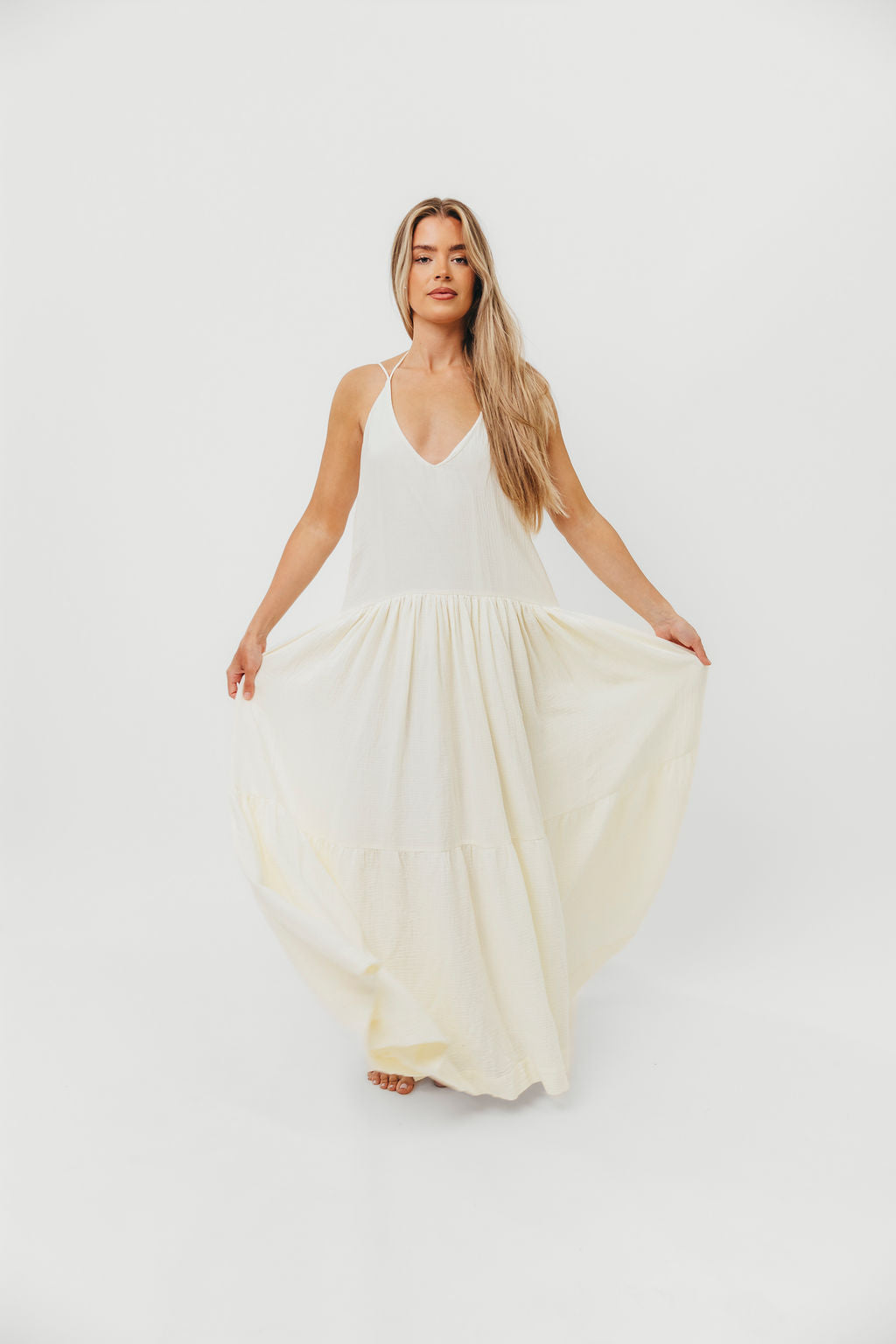 Solenne Women's Elegant Cream Maxi Dress - Perfect for Weddings, Parties & Summer Vacations