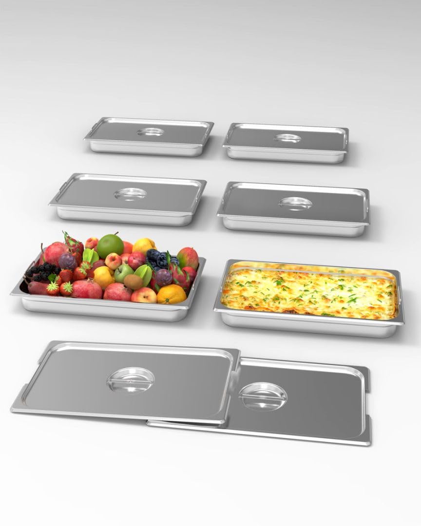 Commercial Stainless Steel Full Size Steam Table Pans with Handle & Lid - 6-Pack 2.5 Inch Deep Restaurant Hotel Pans, Anti-Jamming Design for Buffet, Catering & Food Service